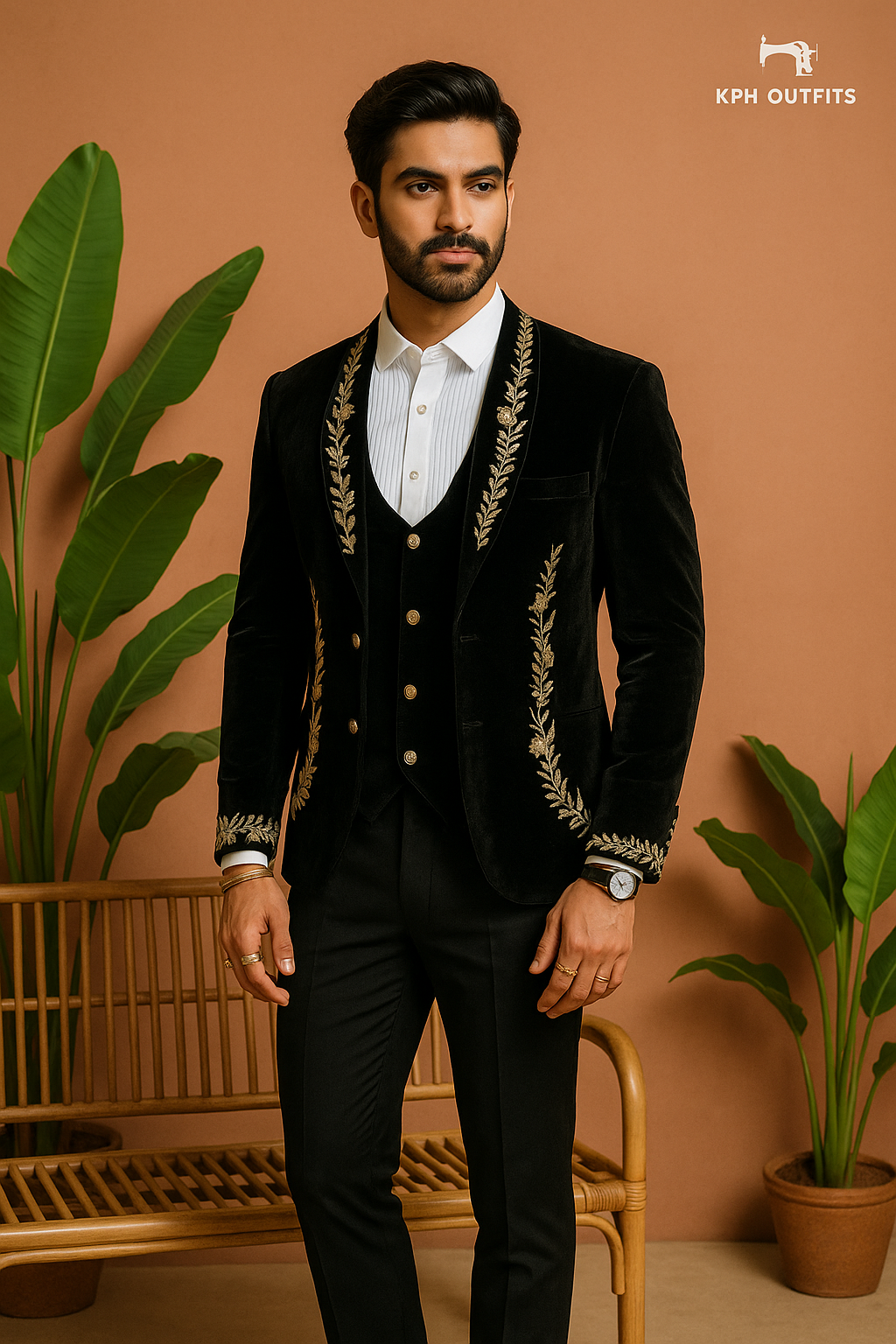 Title: Exquisite Men's Black Tuxedo Suit with Handcrafted Zardozi Work - KPH Outfits