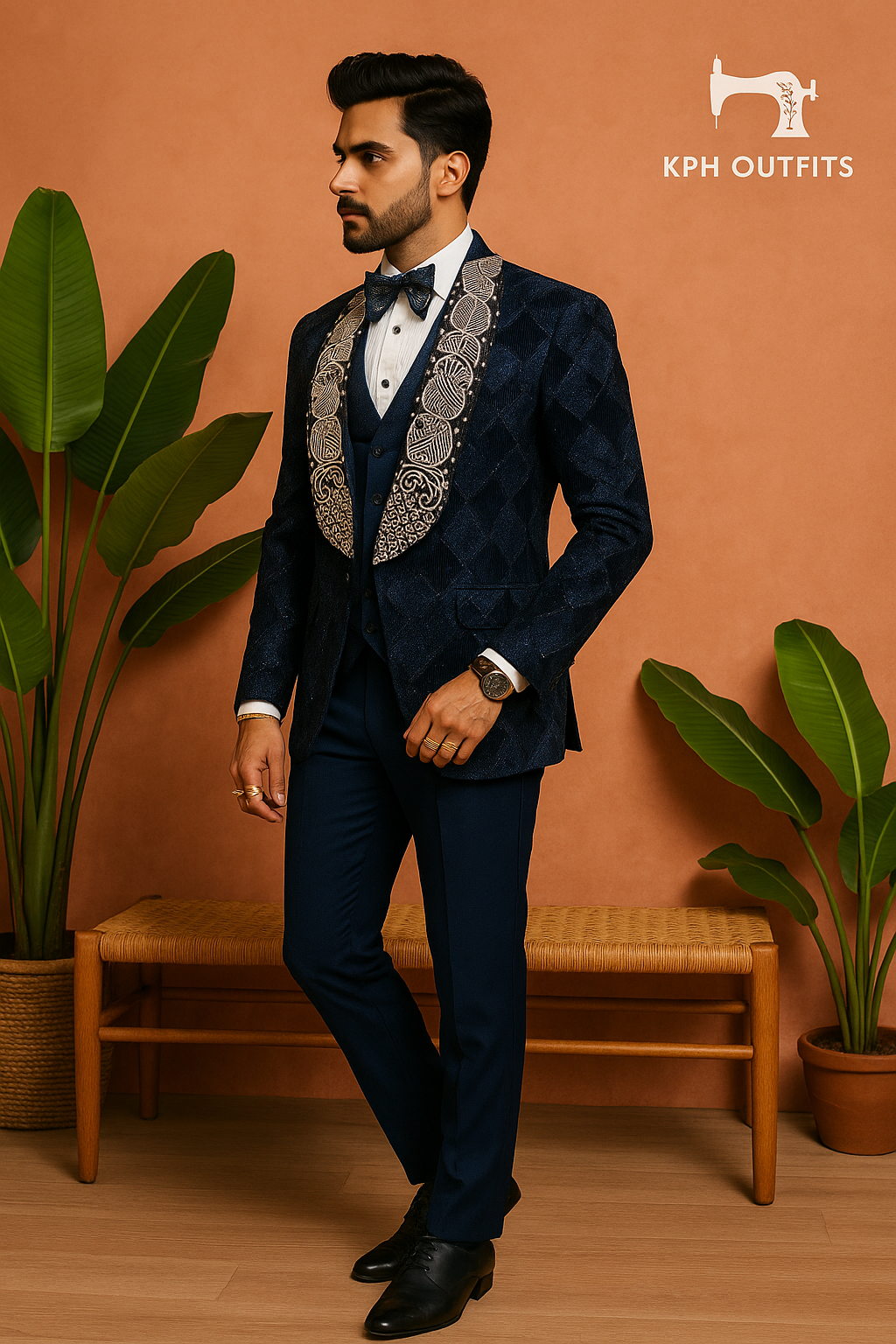 Navy Blue Broad Shawl Lapel Handcrafted Tuxedo Suit for Men - KPH Outfits