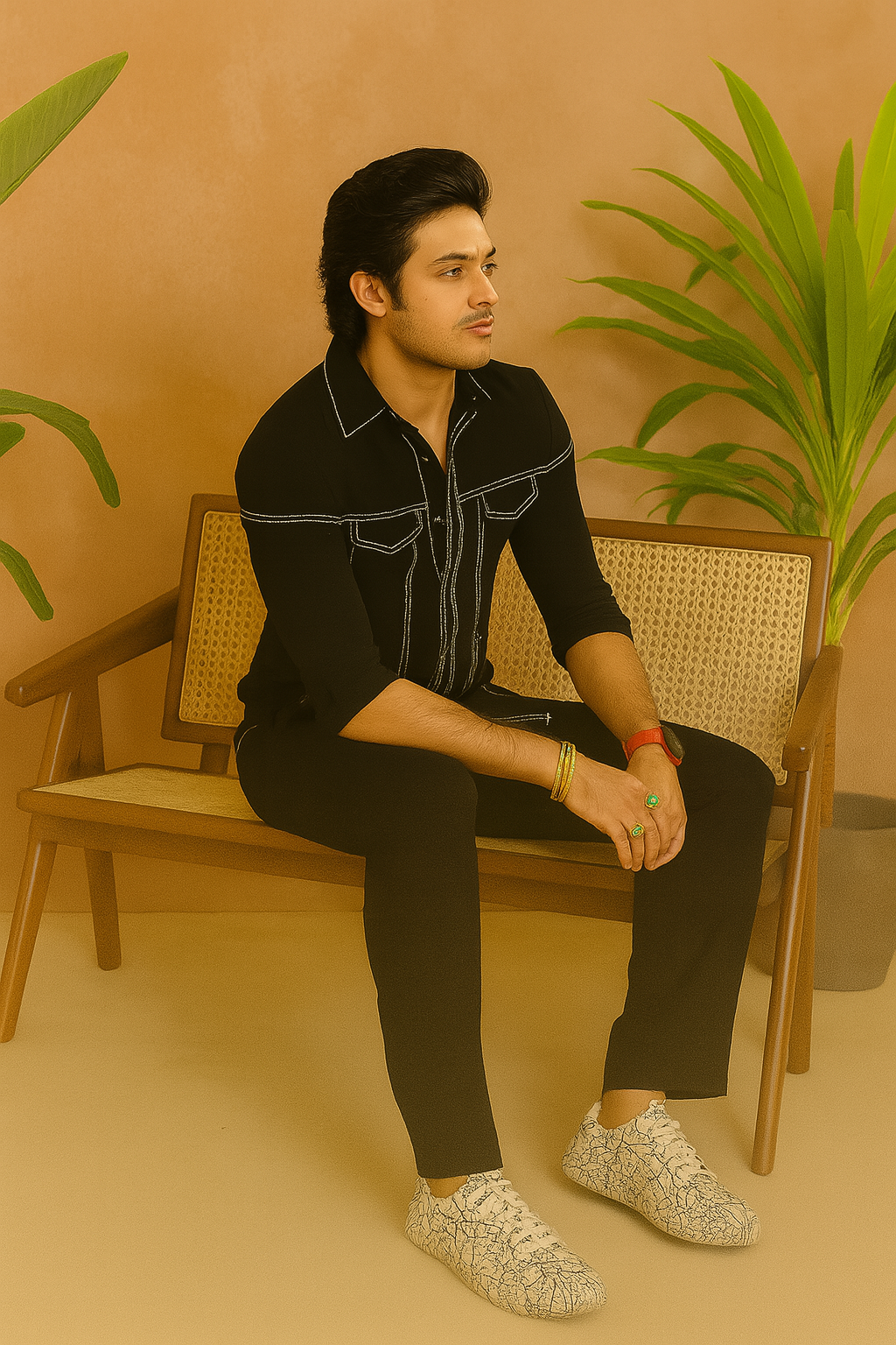 A model in a navy blue formal indo-western set, designed to make a statement at any special occasion.

