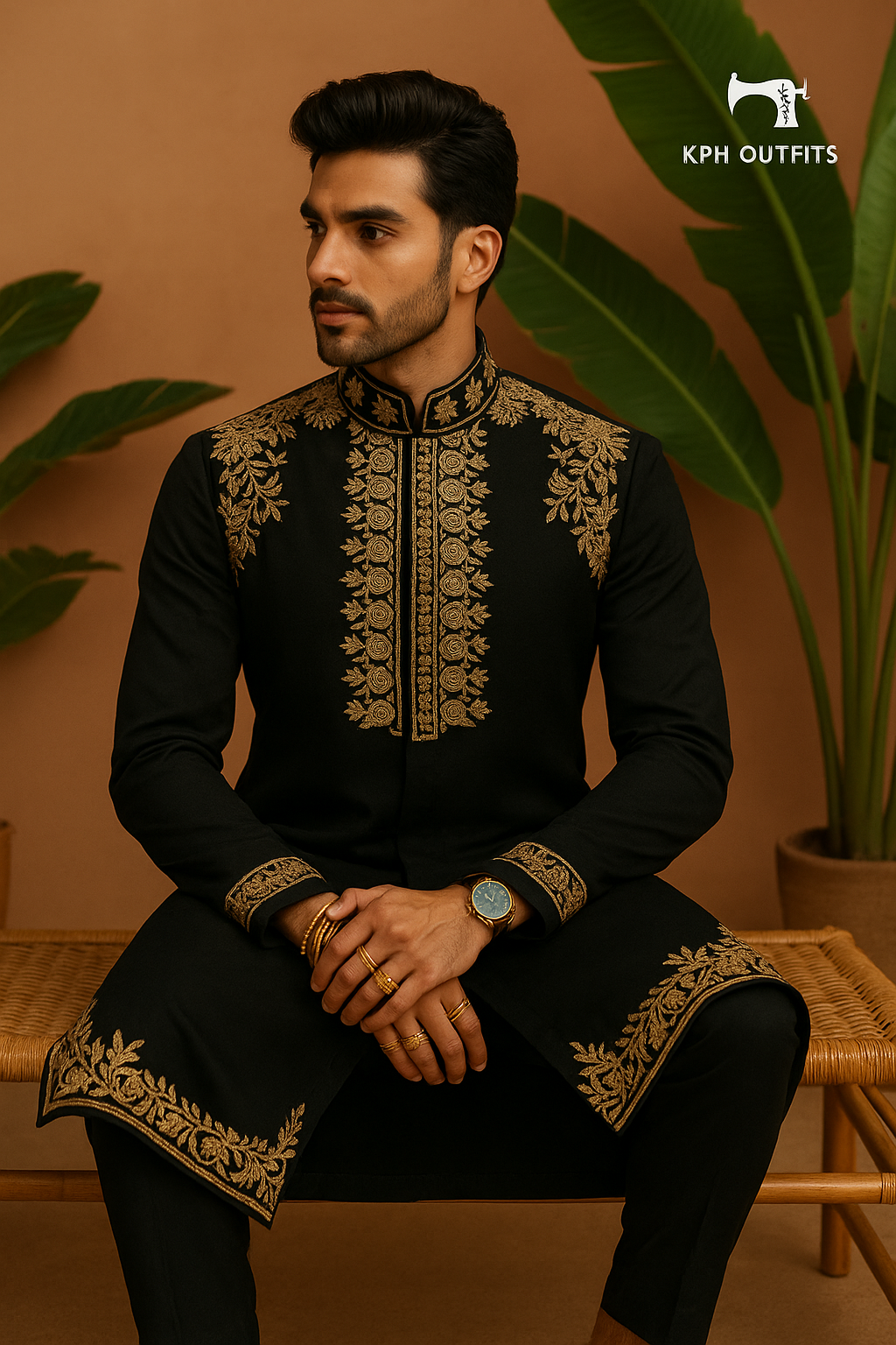 Men's Black Sherwani-Style Kurta with Zardozi Embroidery in Japanese Fabric – KPH Outfits