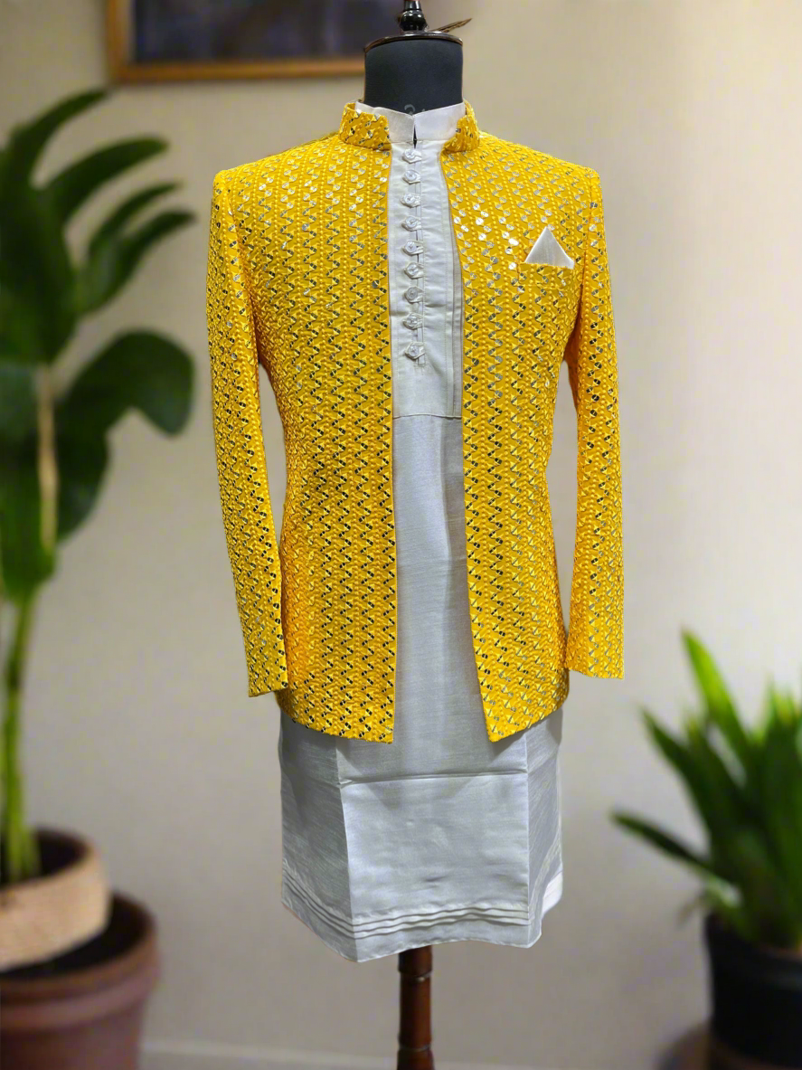 Men's Yellow Mirror Work Jodhpuri Set for Elegant Occasions - KPH Outfits