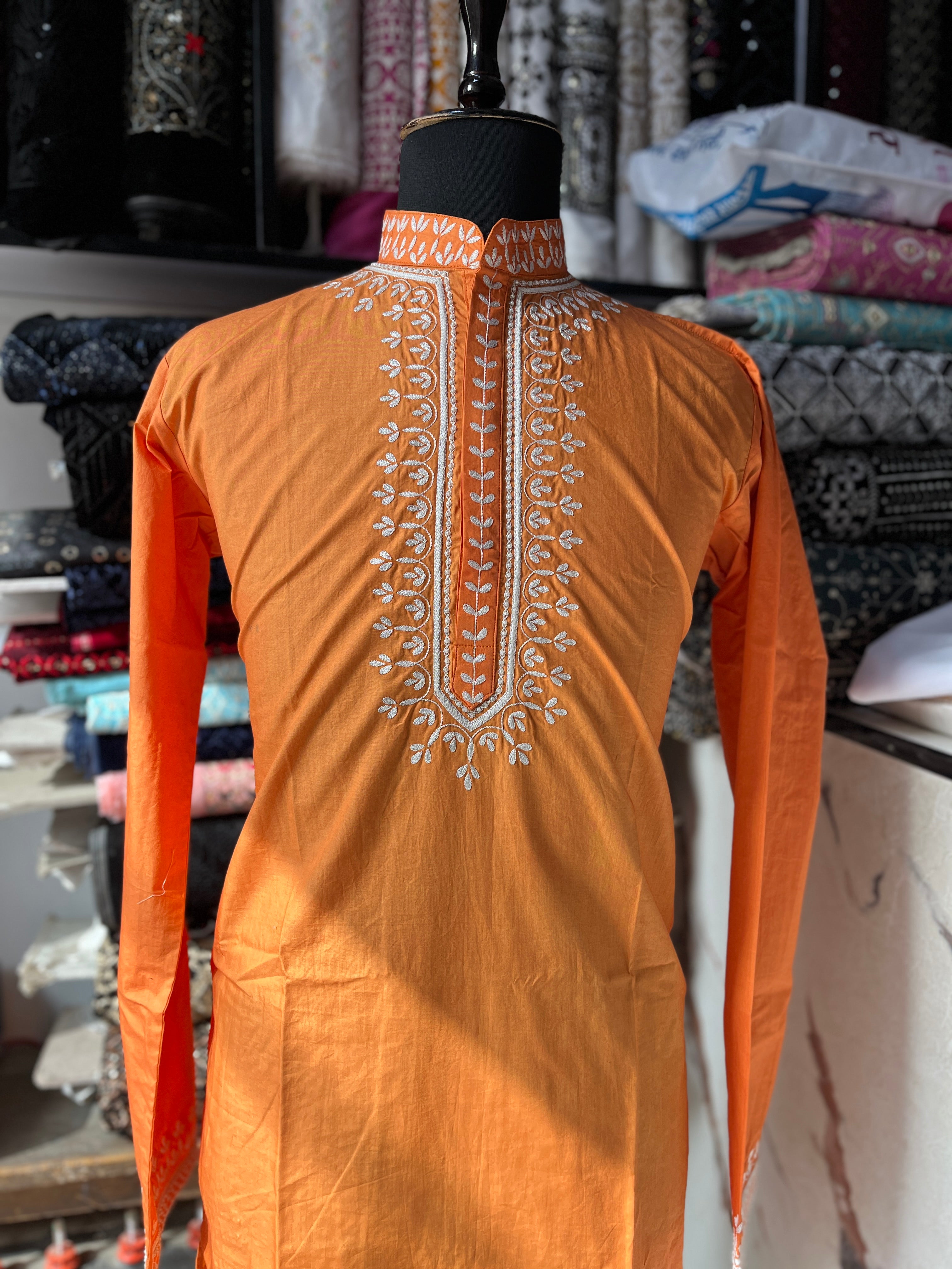 Men's Orange Neck Embroidery Cotton kurta Set