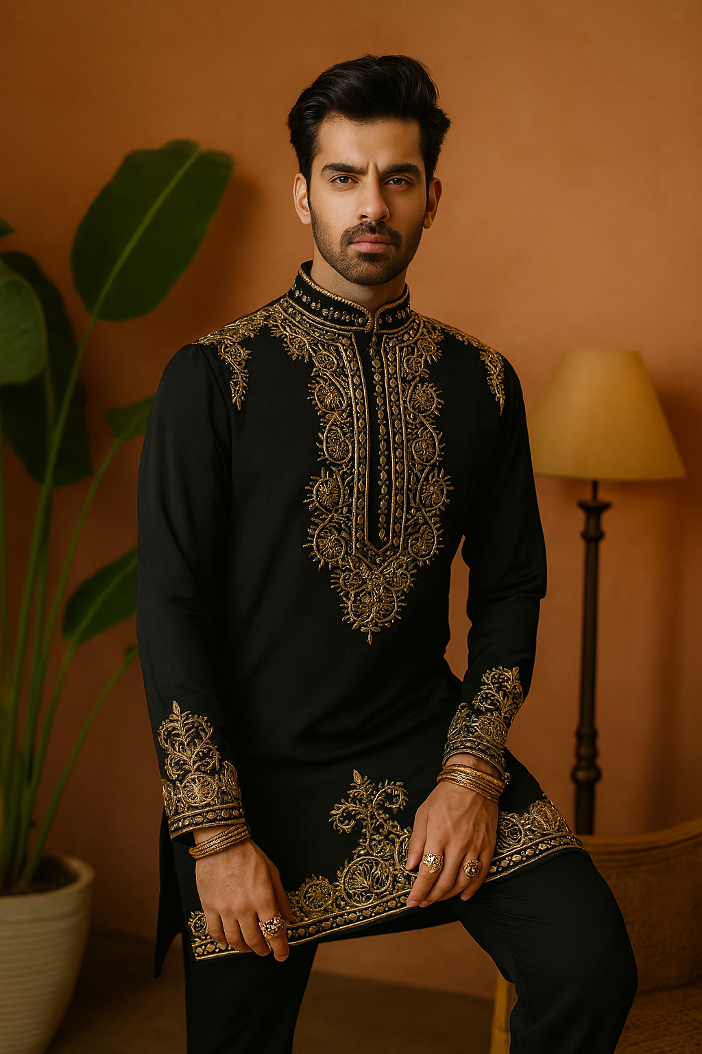 Men's Black Zardozi Handcrafted Kurta Set in Japanese Fabric – KPH Outfits