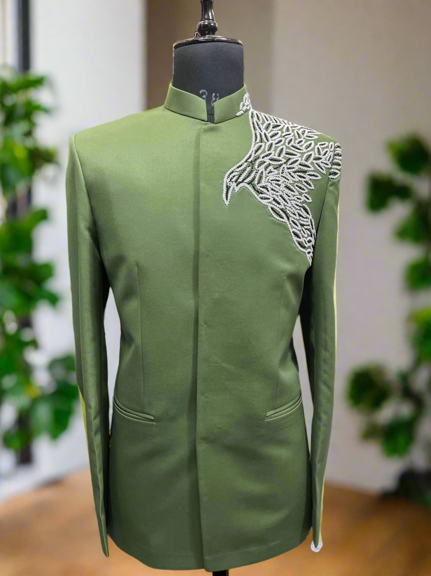 Elegant Green Jodhpuri Set with Birds Embroidery by KPH Outfits