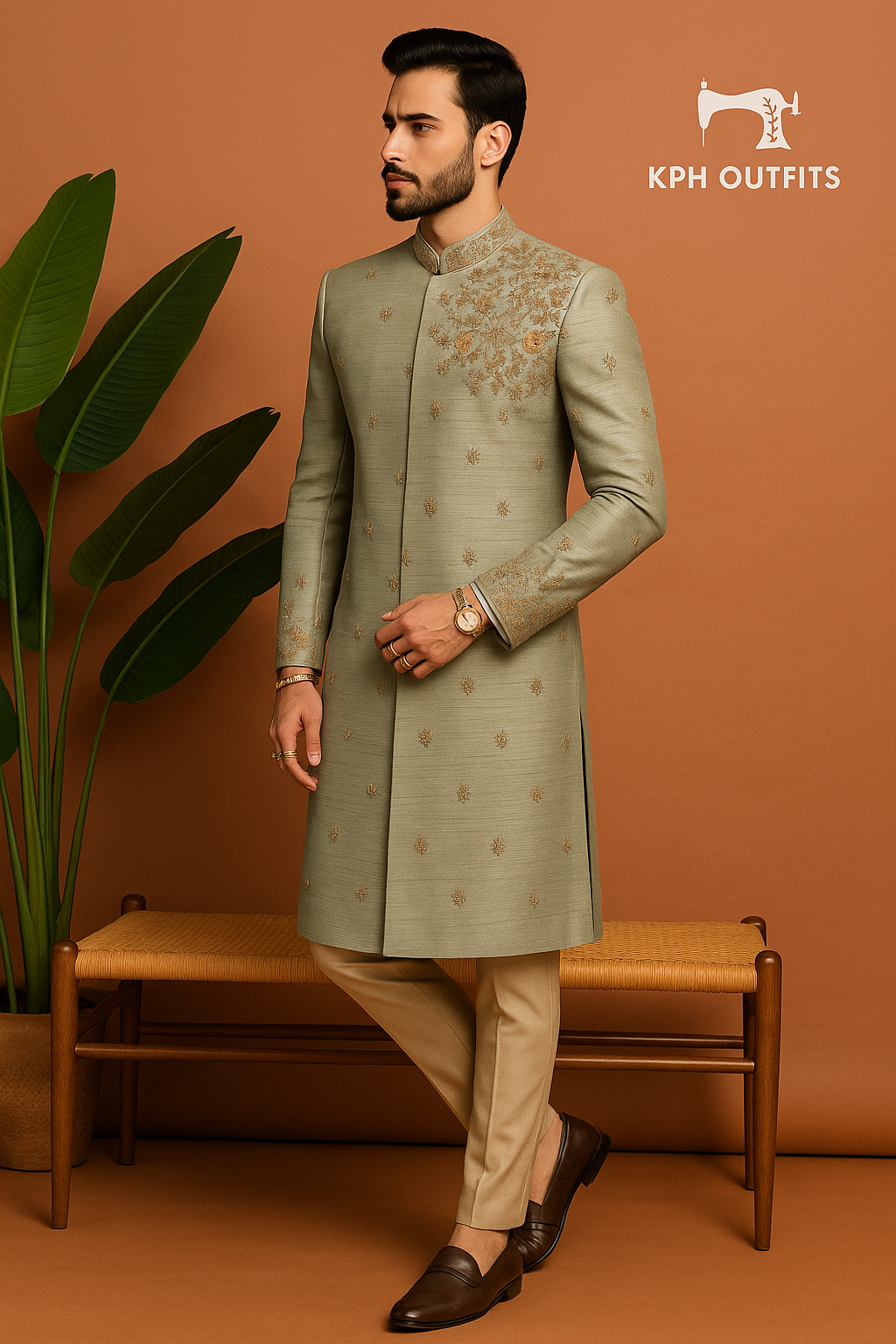 Men's Gray Handcrafted Silk Sherwani Set – Elegant 2-Piece Outfit for Grooms – KPH Outfits