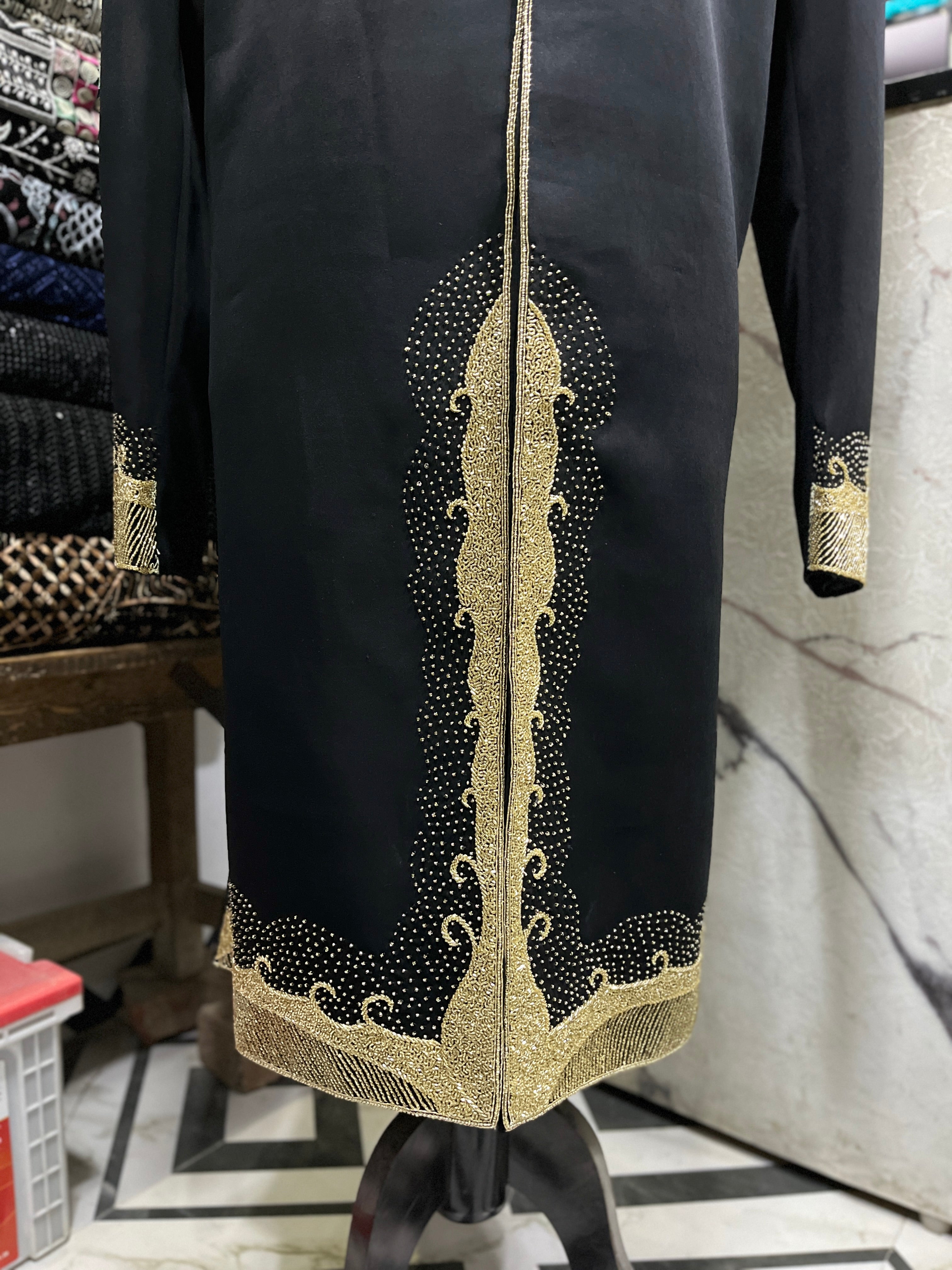 Men's Black Handcrafted Cut Work Sherwani Set