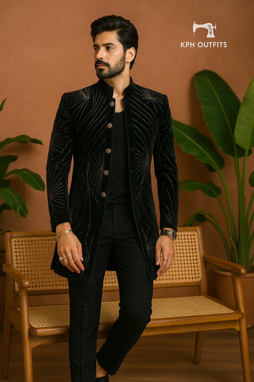 Men's Black Handcrafted Cut Dana Work Open Indo-Western Set by KPH Outfits