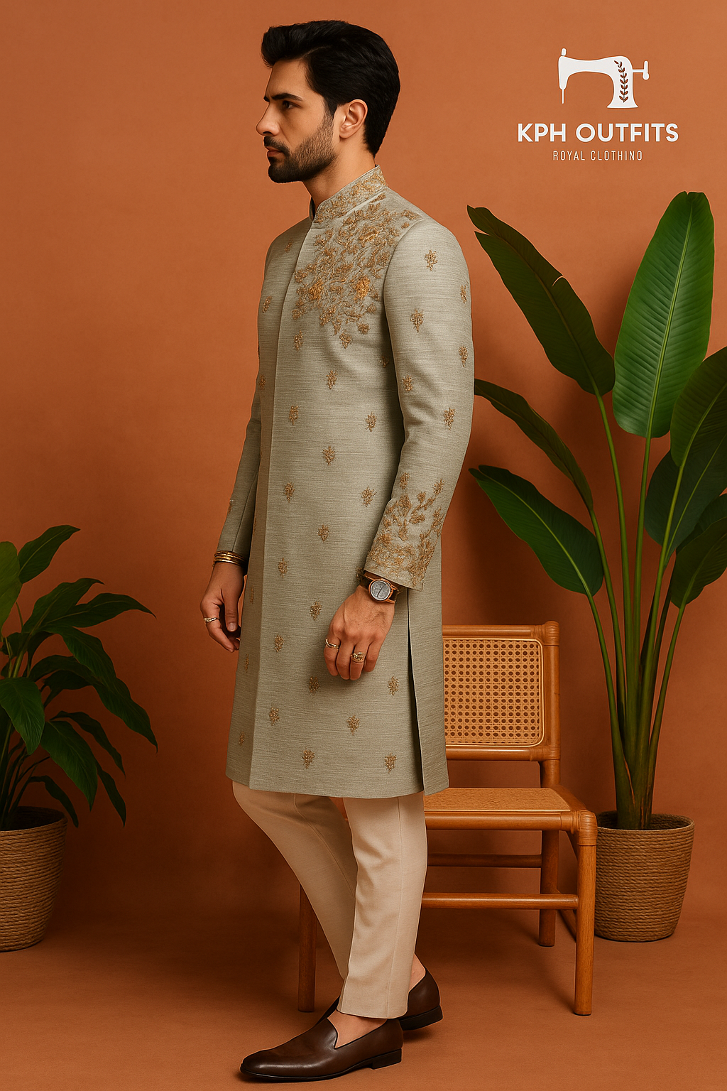 Men's Gray Handcrafted Silk Sherwani Set – Elegant 2-Piece Outfit for Grooms – KPH Outfits
