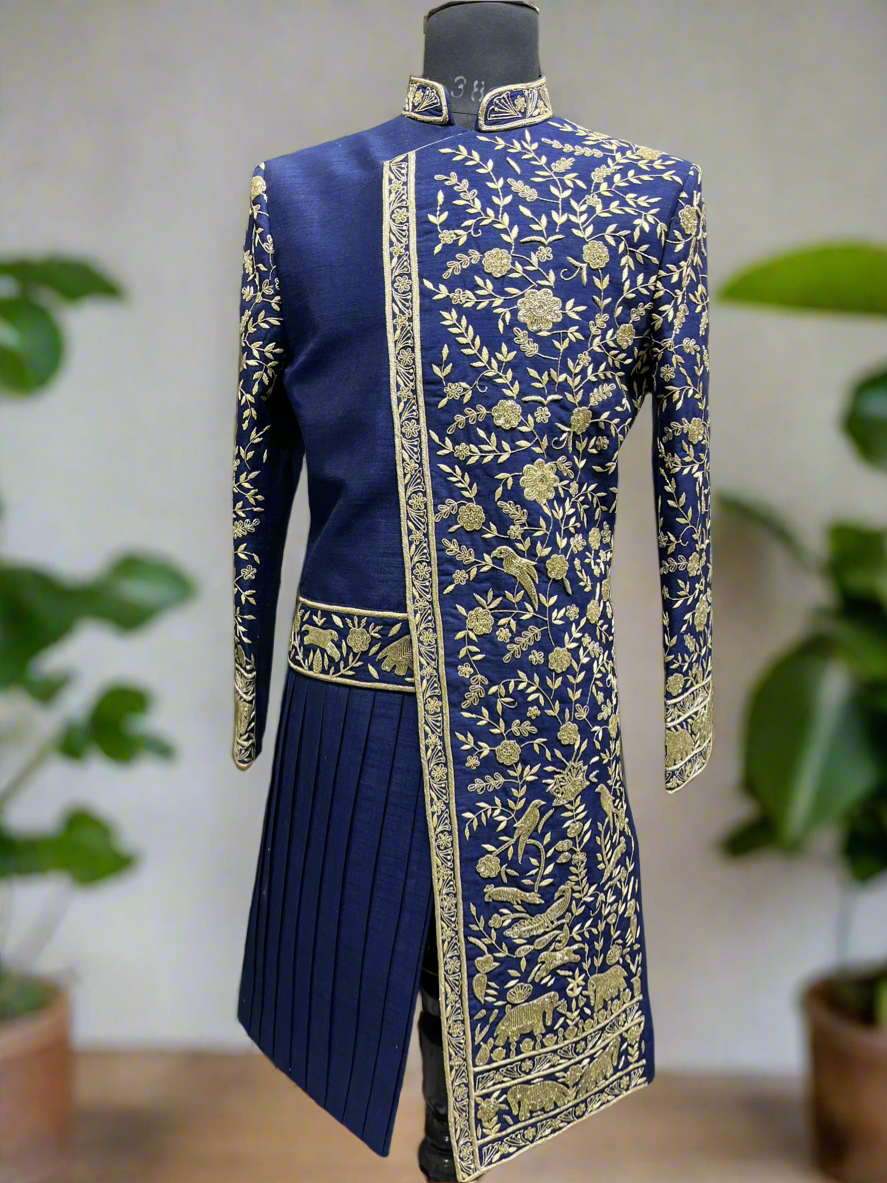 Men's Blue Handcrafted Golden Zardozi Draped Indo-Western Set – Elegance Redefined