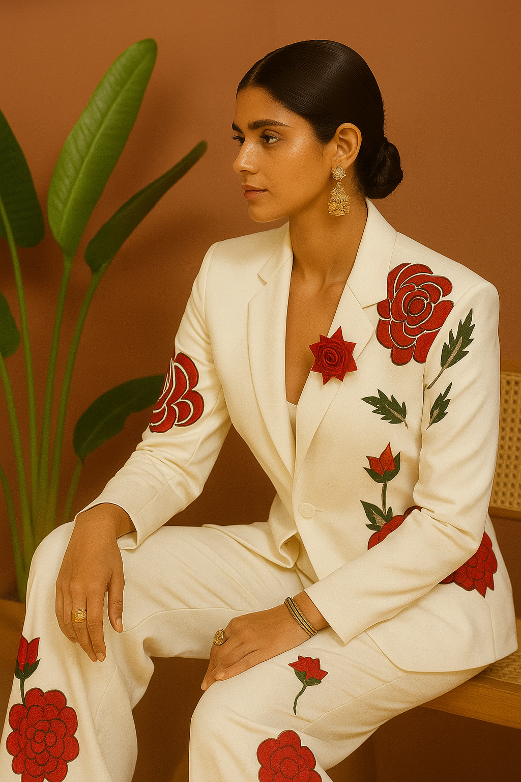 Women Special Red Rose Embellished Stylish Tuxedo Suit