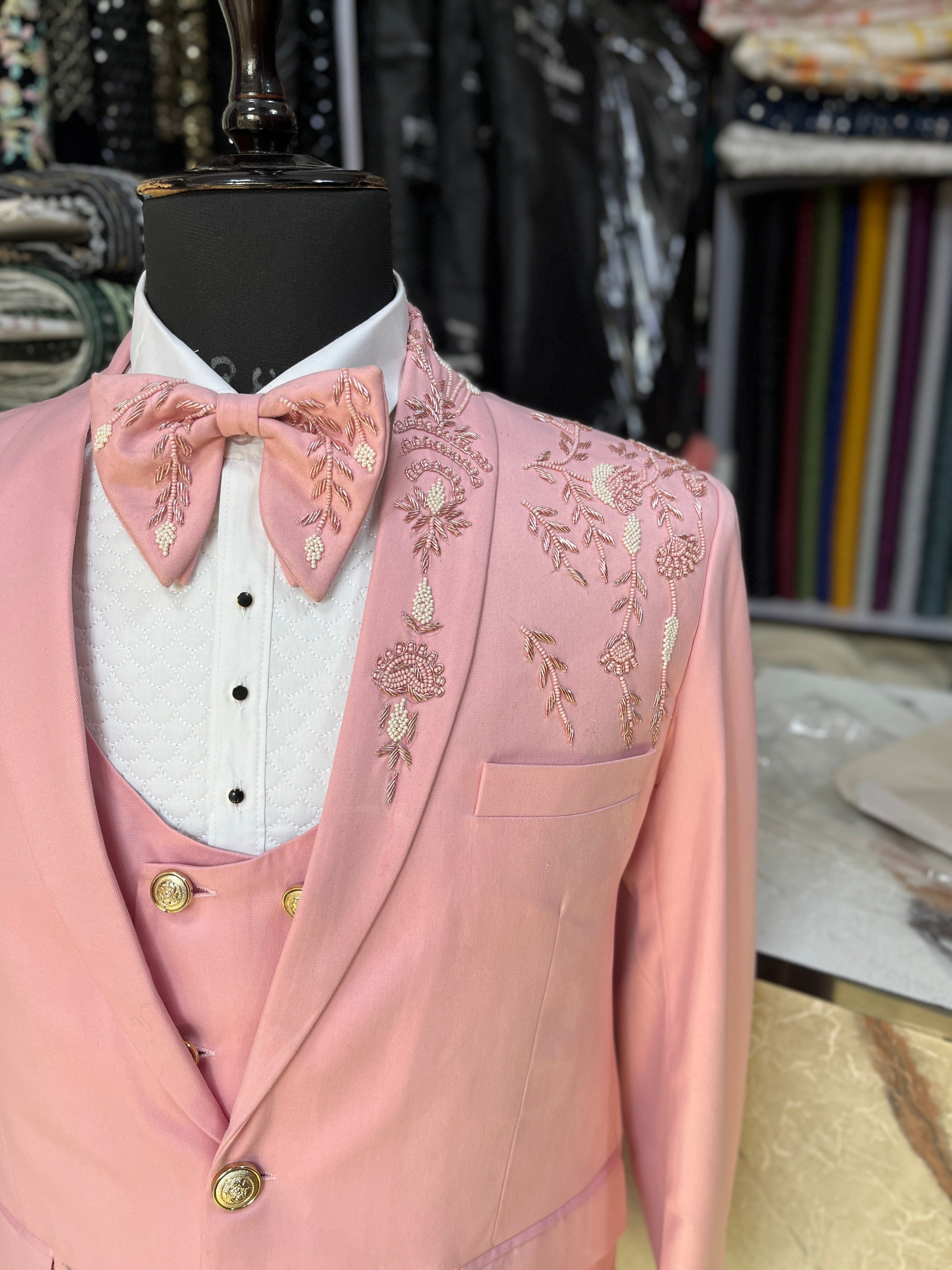 Men's Pink Handcrafted Zardozi Work Shawl Lapel Tuxedo Suit