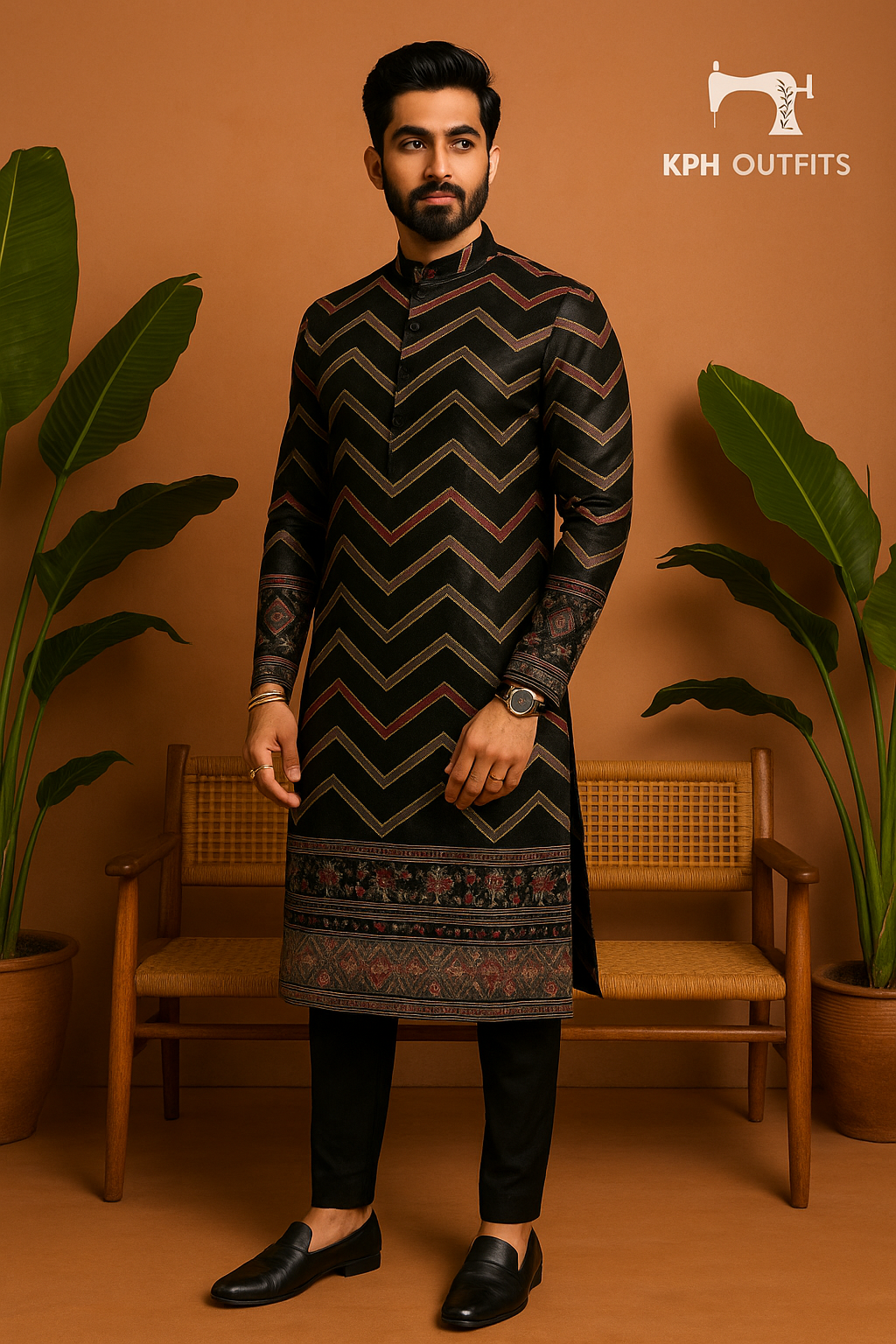 Men's Black Zigzag Pattern Style Kurta Set - KPH Outfits