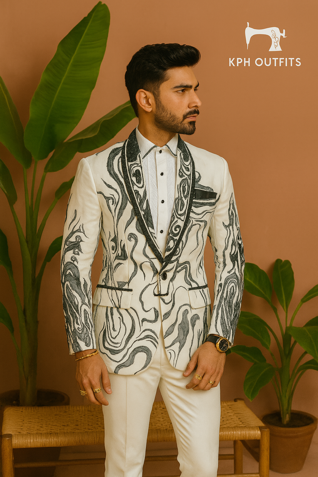 Men's Exclusive Ivory Hand Paint Stylish Tuxedo Suit – Luxury Formal Wear by KPH Outfits