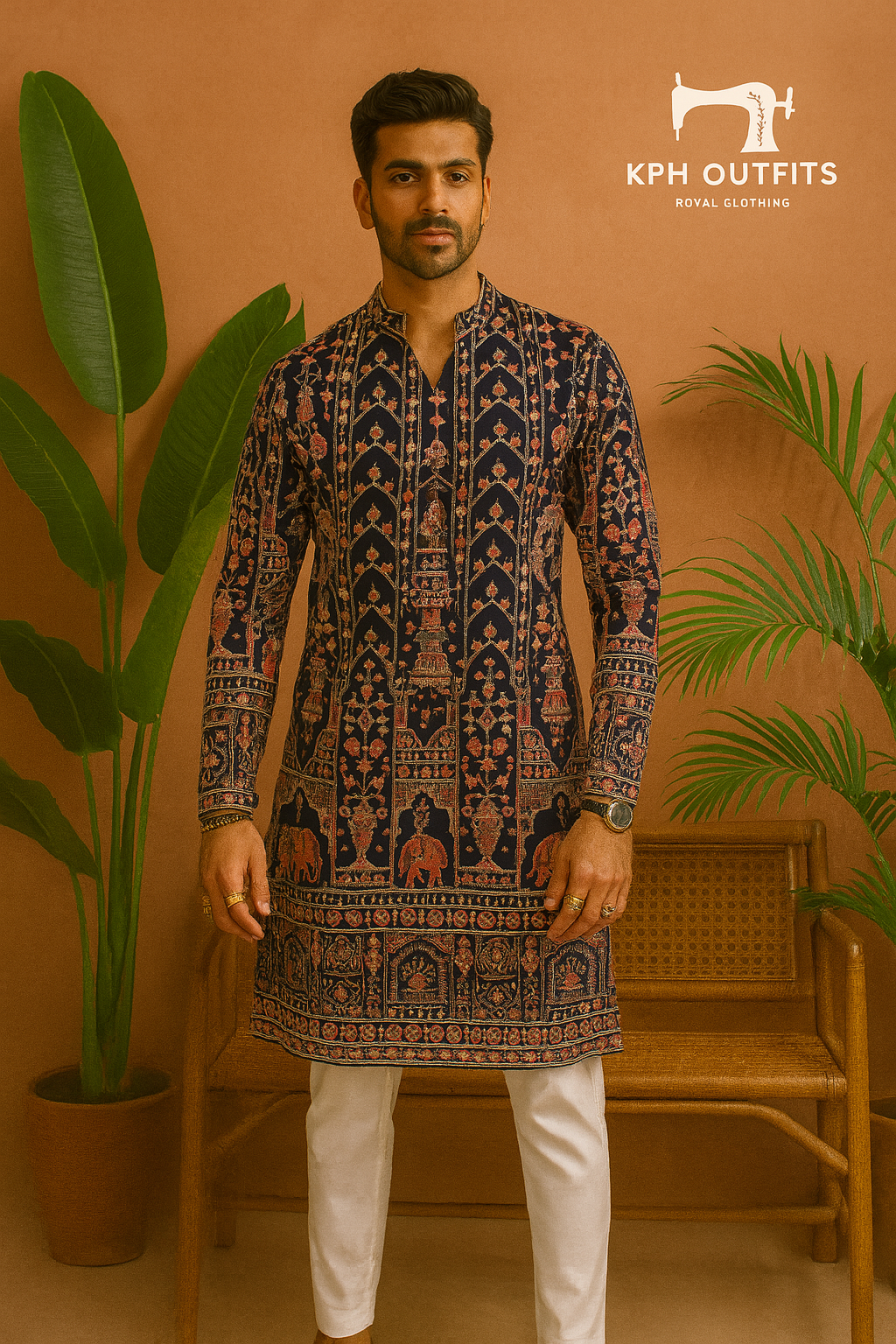 A photograph of a man in a stylish kurta, highlighting the quality of the fabric and the unique design.

