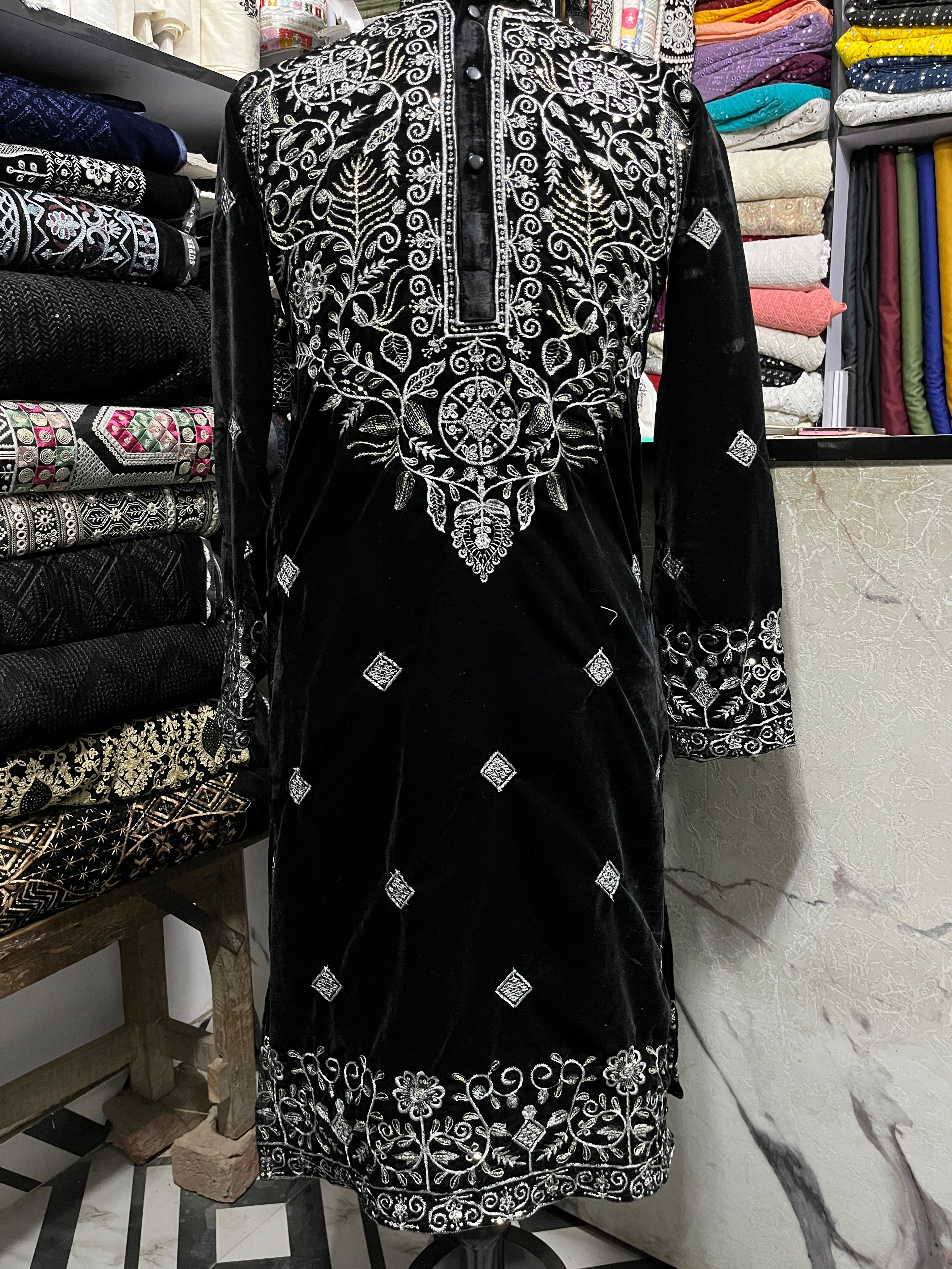 Men's Black Silver Thread Embroidery Velvet kurta set