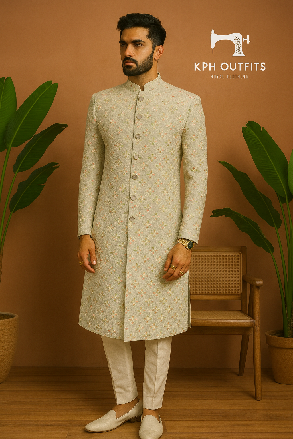 Off-White Multi-Color Thread Embellished Sherwani Set for Grooms – KPH Outfits