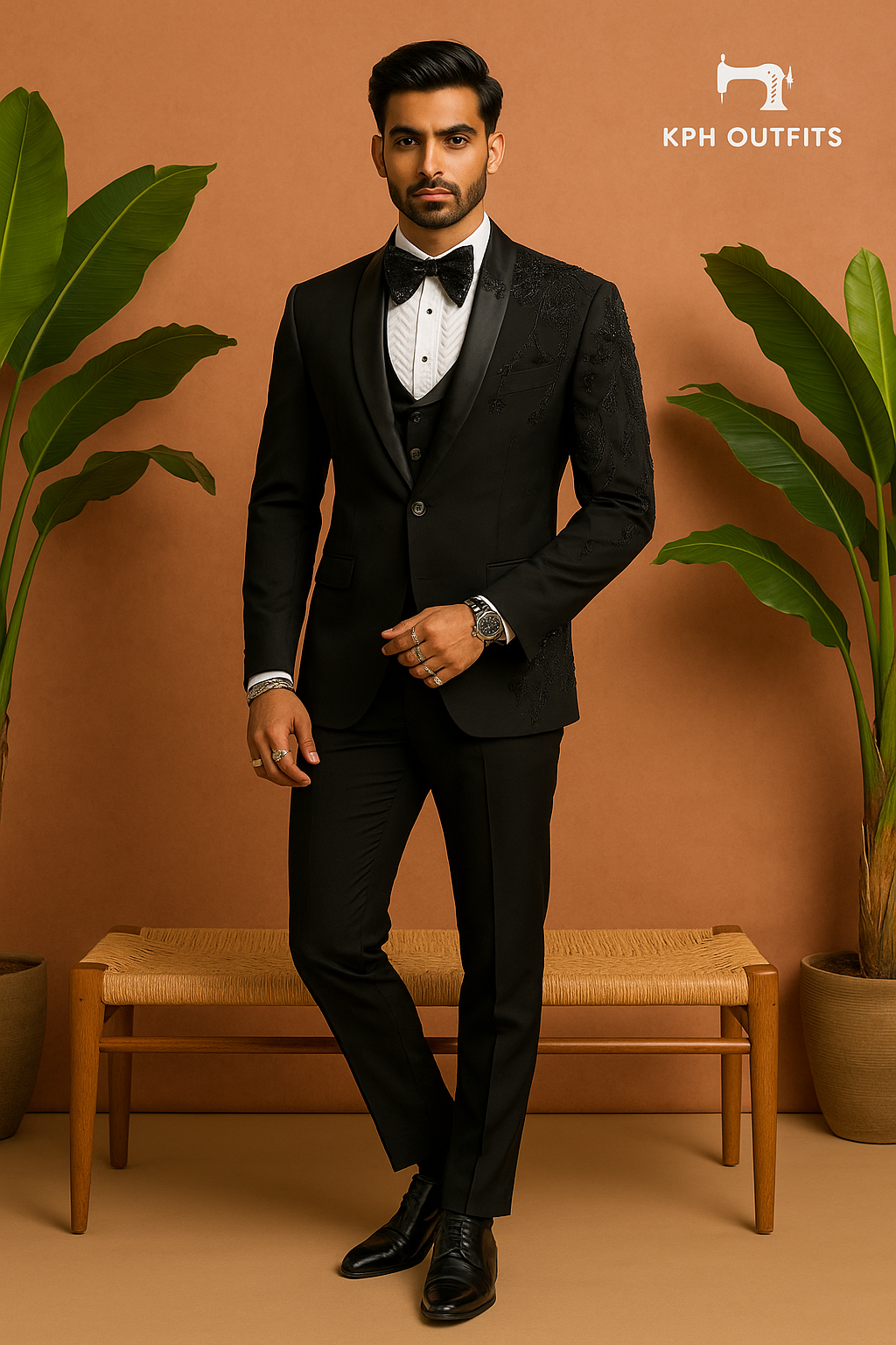 Men's Black Shawl Lapel Tuxedo with Handcrafted Embellishments By KPH Outfits