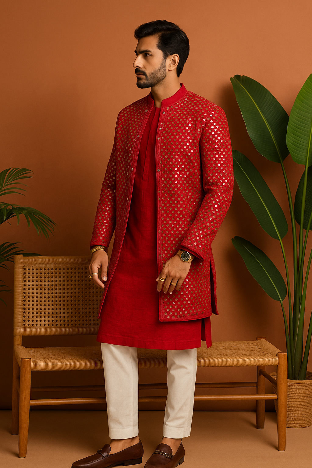 Luxury red jacket and kurta with mirror work – KPH Outfits