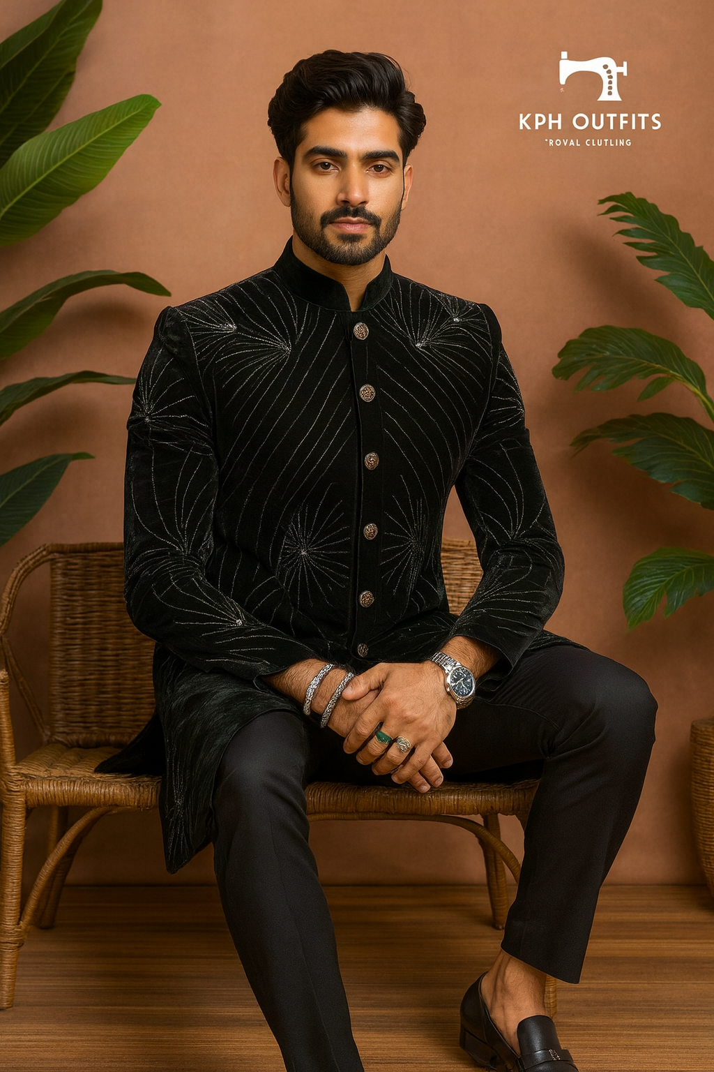 Men's Black Handcrafted Cut Dana Work Open Indo-Western Set by KPH Outfits