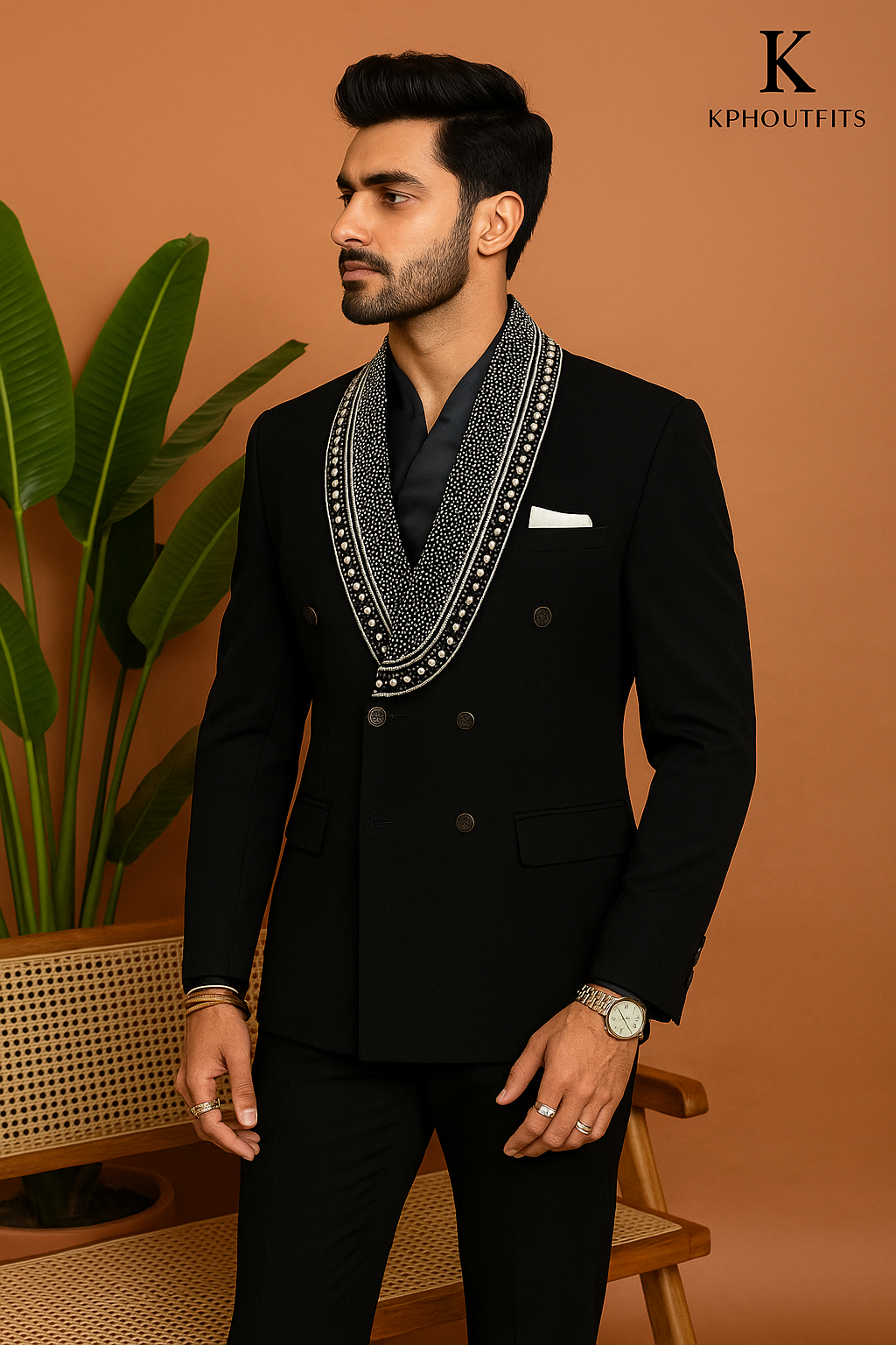 Men's Black Handcrafted Shawl Lapel Tuxedo Suit in Premium Japanese Fabric- KPH Outfits