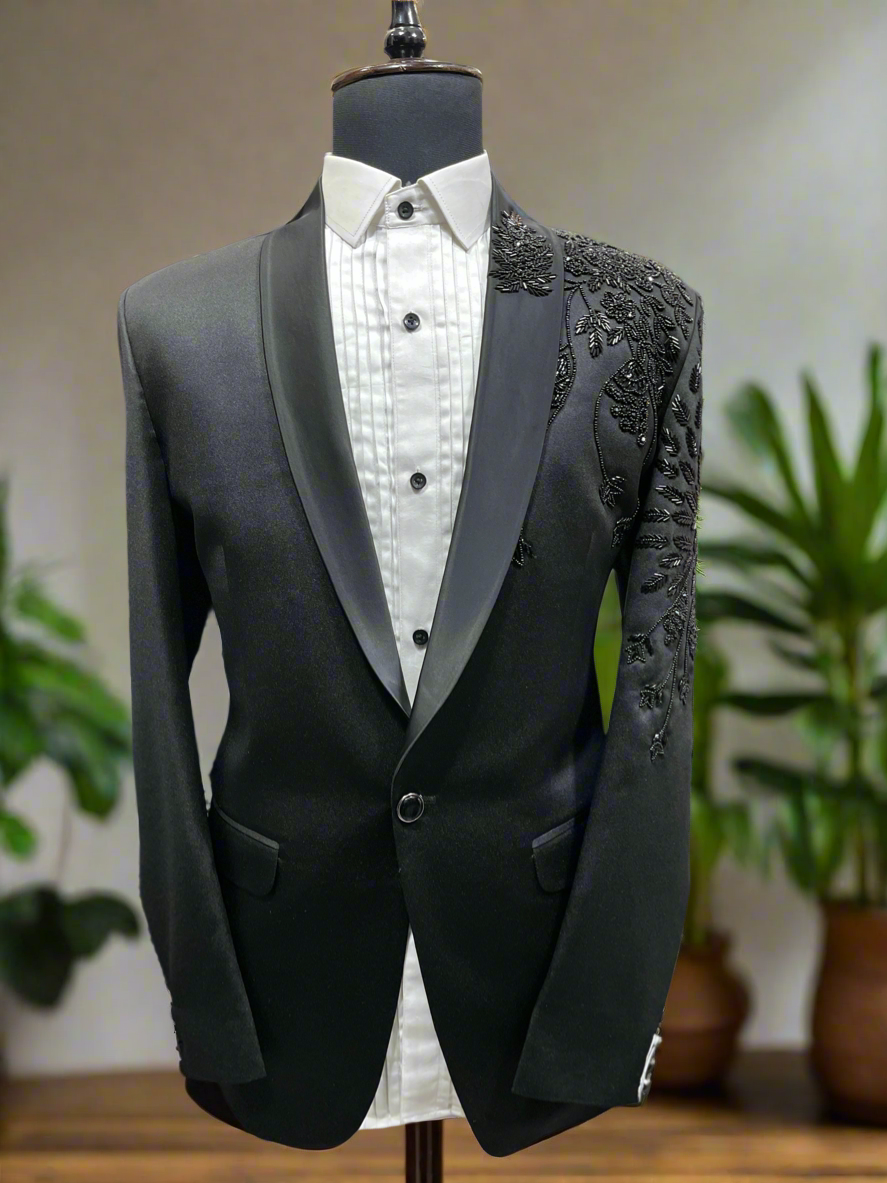 Men's Handcrafted Black Shawl Lapel Tuxedo in Donear Fabric - KPH OutFits