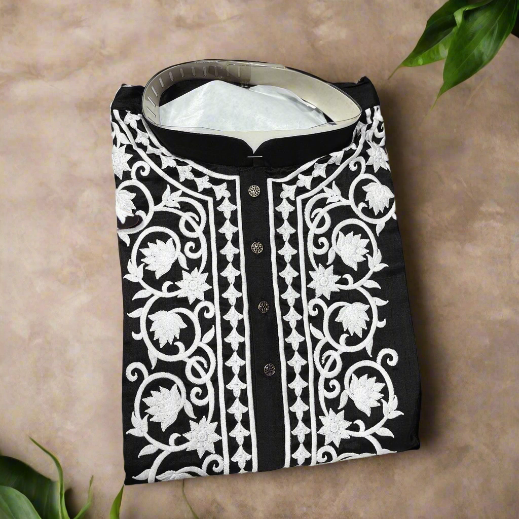 Side Angle of Men’s Black Ethnic Kurta Set for Weddings