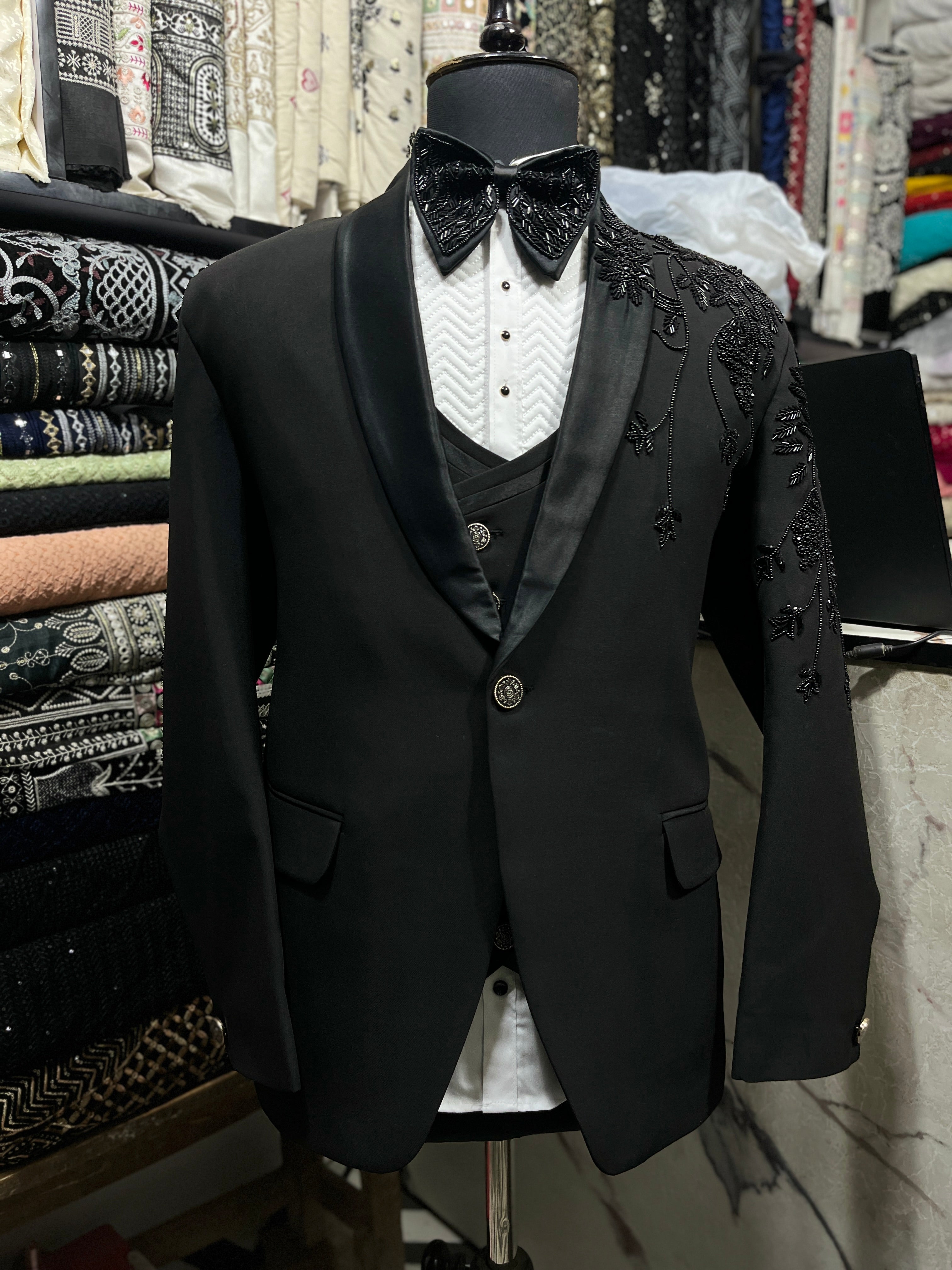 Men's Black Handcrafted Embellished Tuxedo Suit