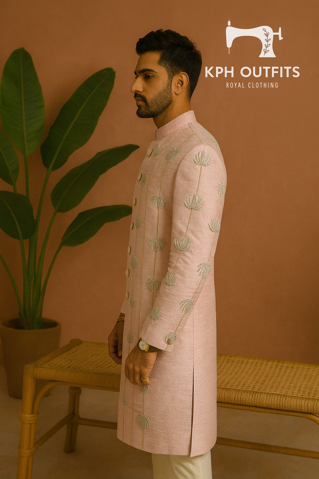 Men's Peach Handcrafted Cut Work Embellished Sherwani Set – Elegant Traditional Wear by KPH Outfits