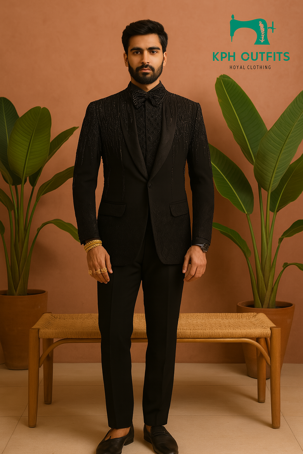 A photograph of a man in a stylish tuxedo, emphasizing the quality of the Japanese fabric and the overall craftsmanship.

