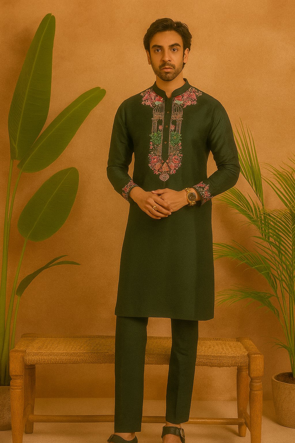 Men’s kurta set with multi-color neck embroidery – KPH Outfits
