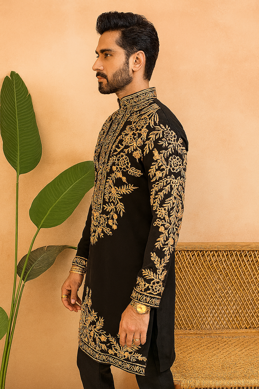 A photograph of a man in a stylish kurta, emphasizing the quality of the Japanese fabric and the unique design.

