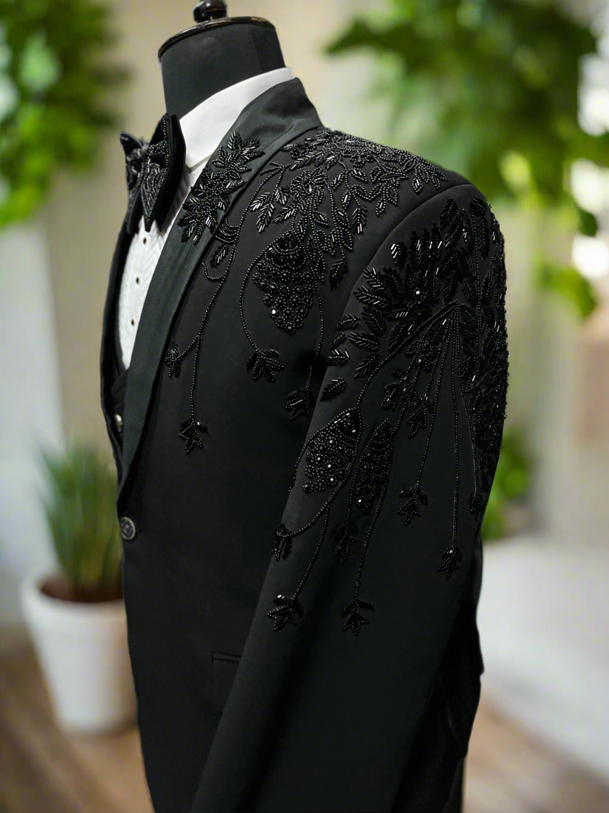 Men's Black Shawl Lapel Tuxedo with Handcrafted Embellishments By KPH Outfits