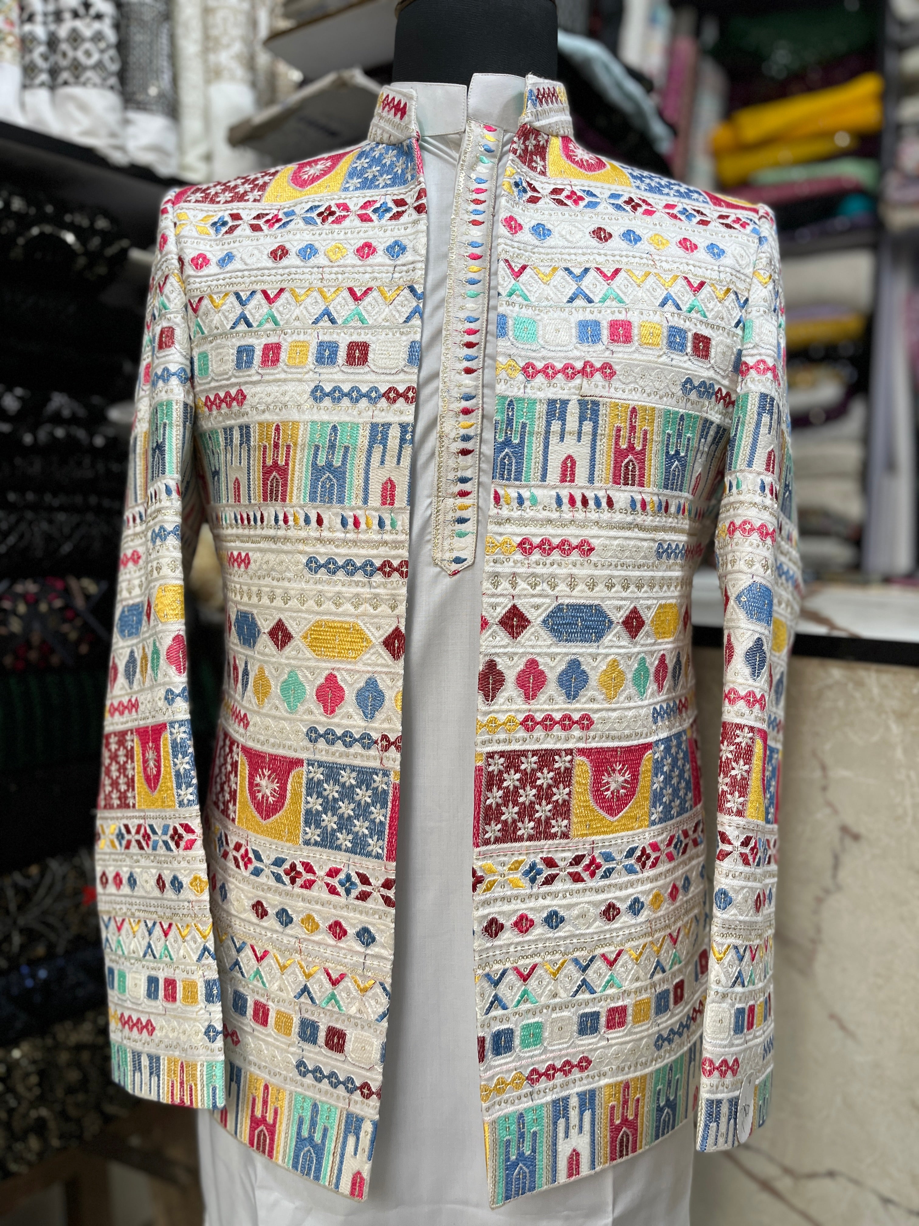 Men's white  Designer Multi Colour Embroidery Designer Jodhpuri Set