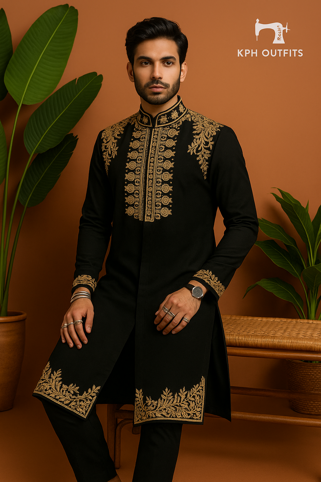 Men's Black Sherwani-Style Kurta with Zardozi Embroidery in Japanese Fabric – KPH Outfits