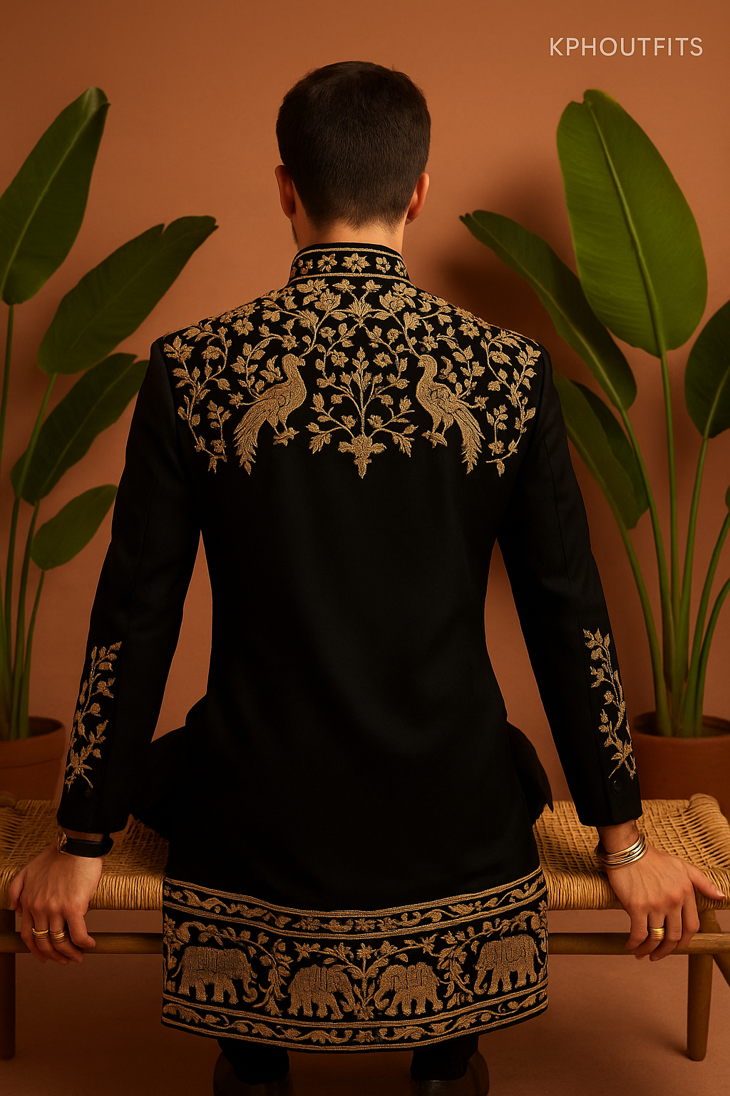 A photograph of a man in a stylish sherwani, highlighting the quality of the Japanese fabric and the unique design.

