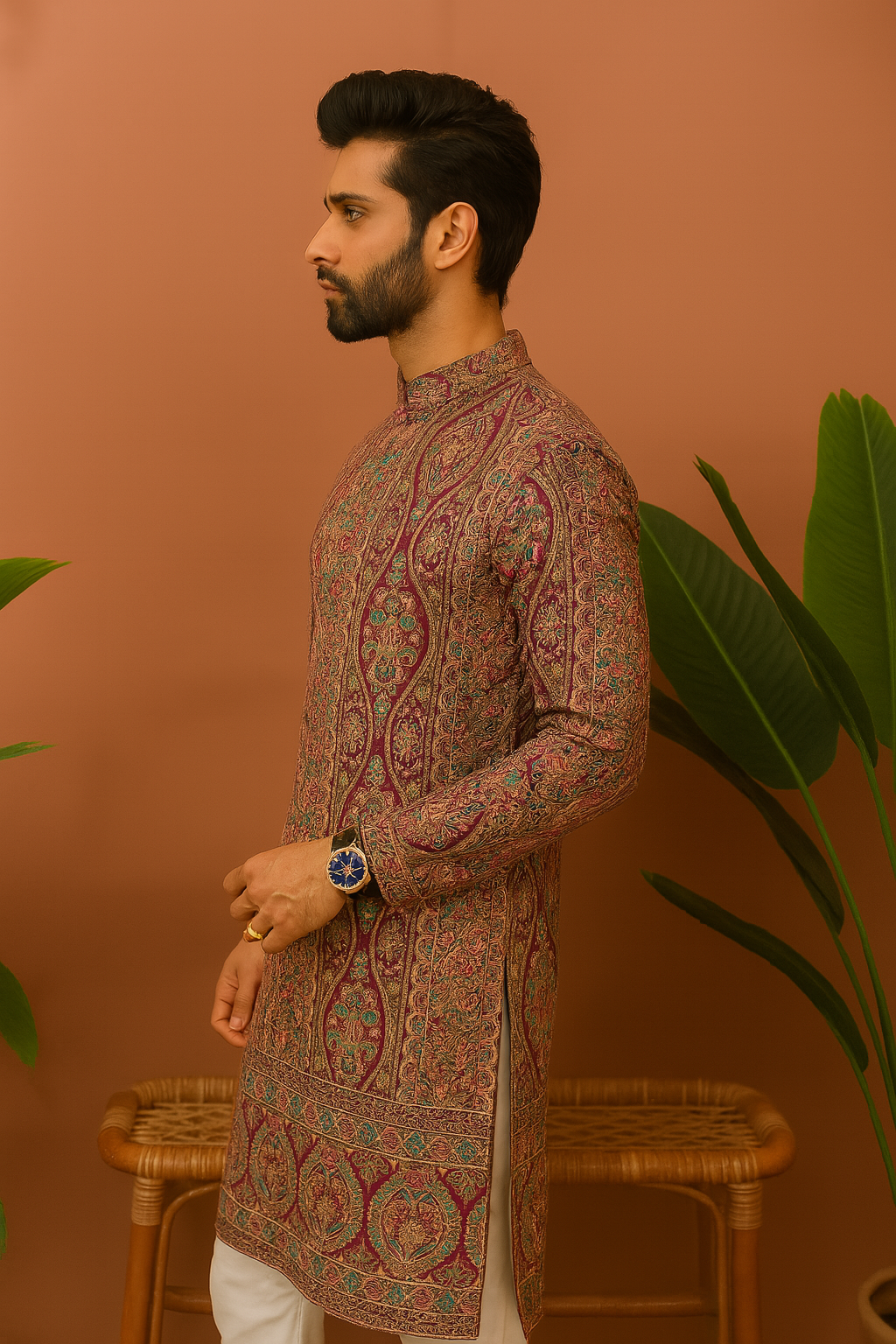 A photograph of a man in an embellished kurta set, highlighting the quality of the fabric and the unique design.

