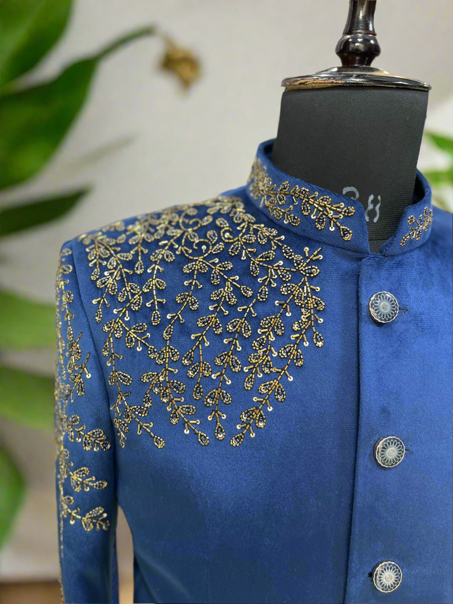 Close-up of Golden Work on Men's Navy Blue Jodhpuri Set