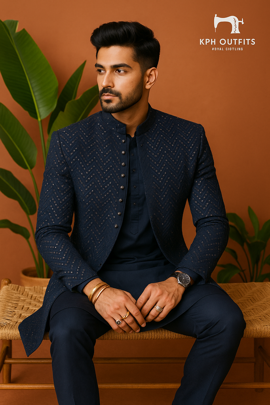 Navy Blue Mirror Style Indo-Western Set for Men – KPH Outfits