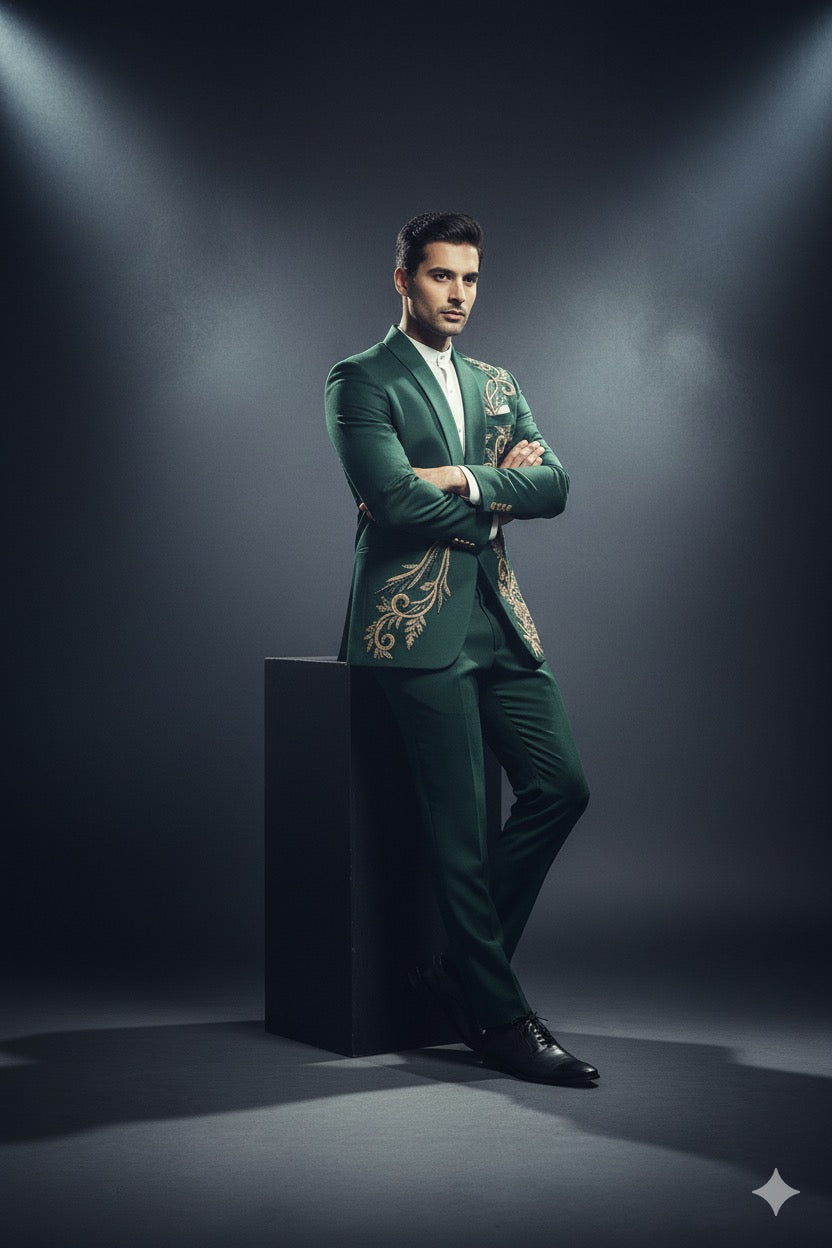 Designer emerald green tuxedo set featuring gold embellished patterns on blazer and pants, styled for wedding wear