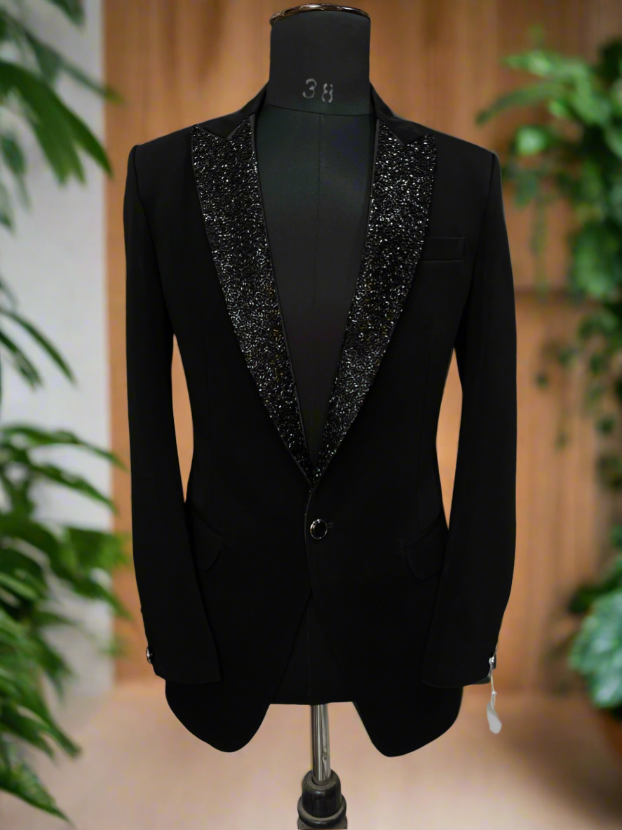 Men's Handcrafted Black Peak Lapel Tuxedo in Japanese Fabric- KPH Outfits