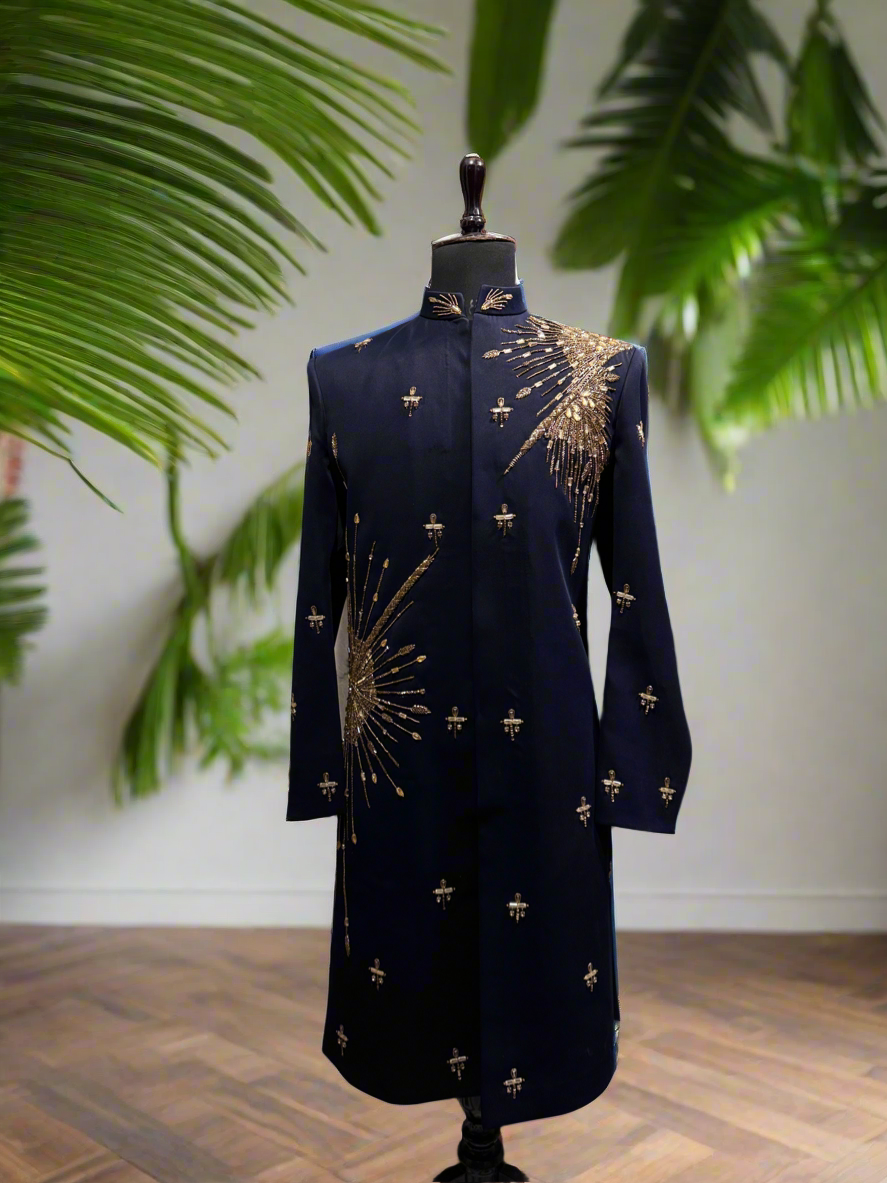 A photograph of a man in a stylish sherwani, highlighting the quality of the Japanese fabric and the unique handcrafting.

