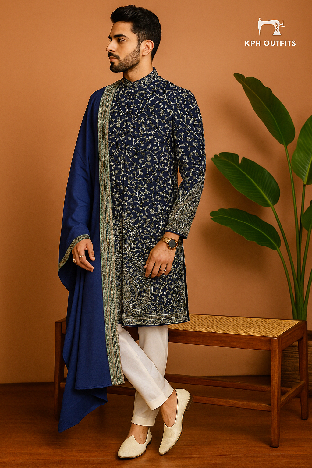 Men's Navy Blue Kalamkari Embroidery Sherwani Set – Premium 3-Piece Designer Outfit – KPH Outfits