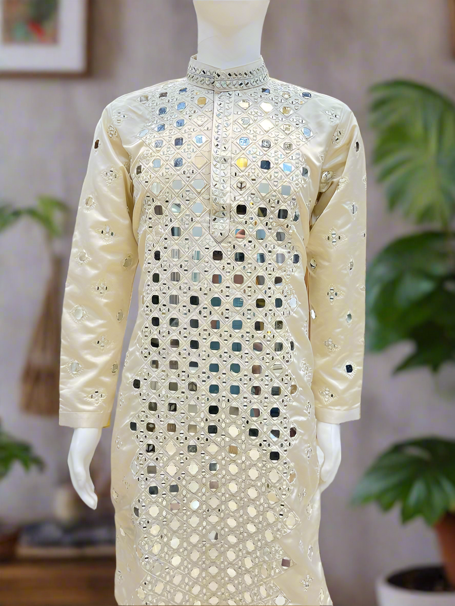 Premium Off-White Mirror Embellished Kurta with Pants for Men