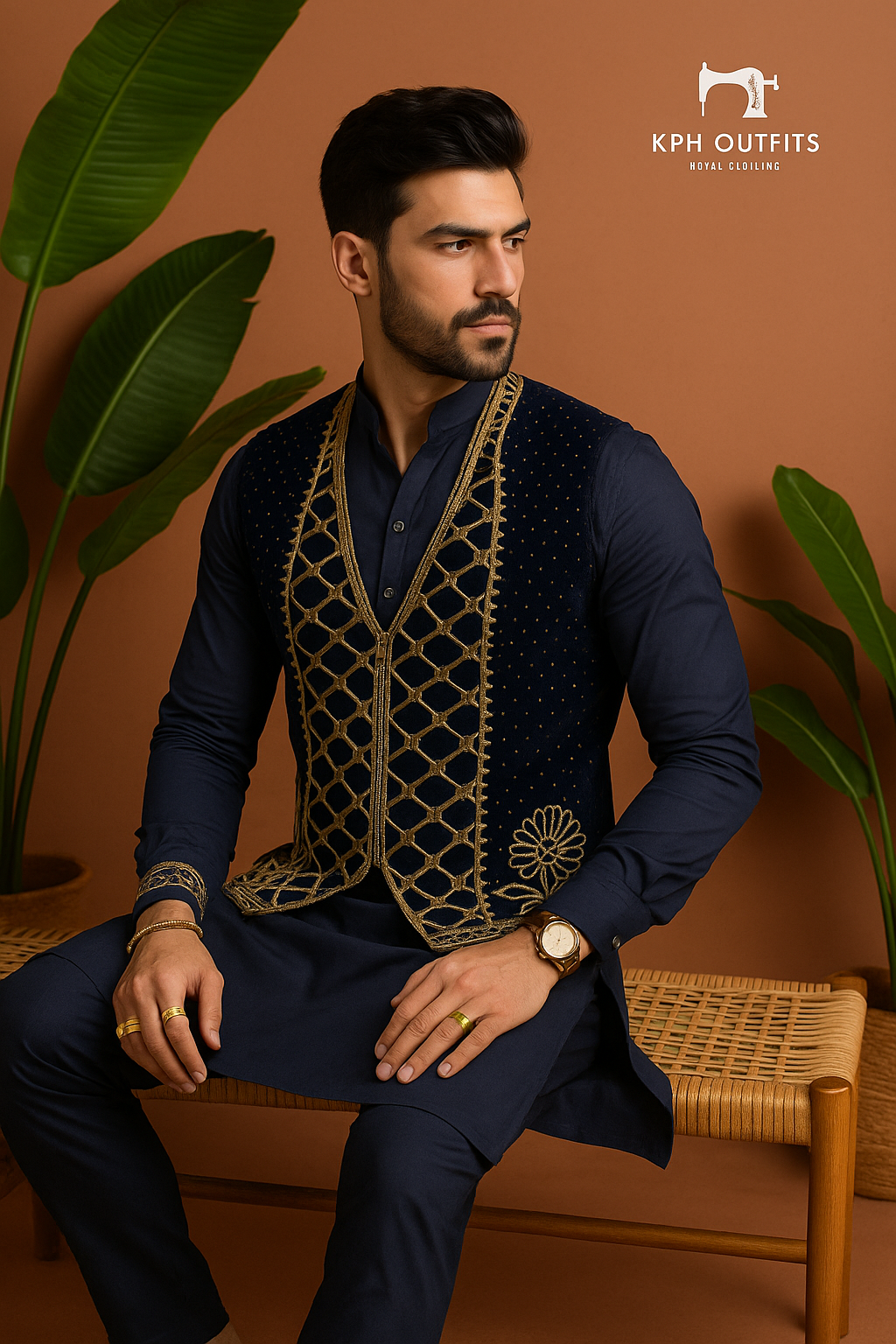 Men's Navy Blue Karan Aujla Handcrafted Zardozi Nehru Jacket Set with Center Zip – Premium Cotton Silk Fabric – KPH Outfits