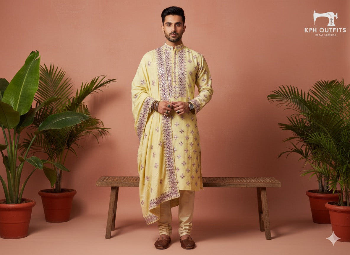 Abhinav Mishra inspired yellow mirror embroidery kurta pajama with dupatta for men