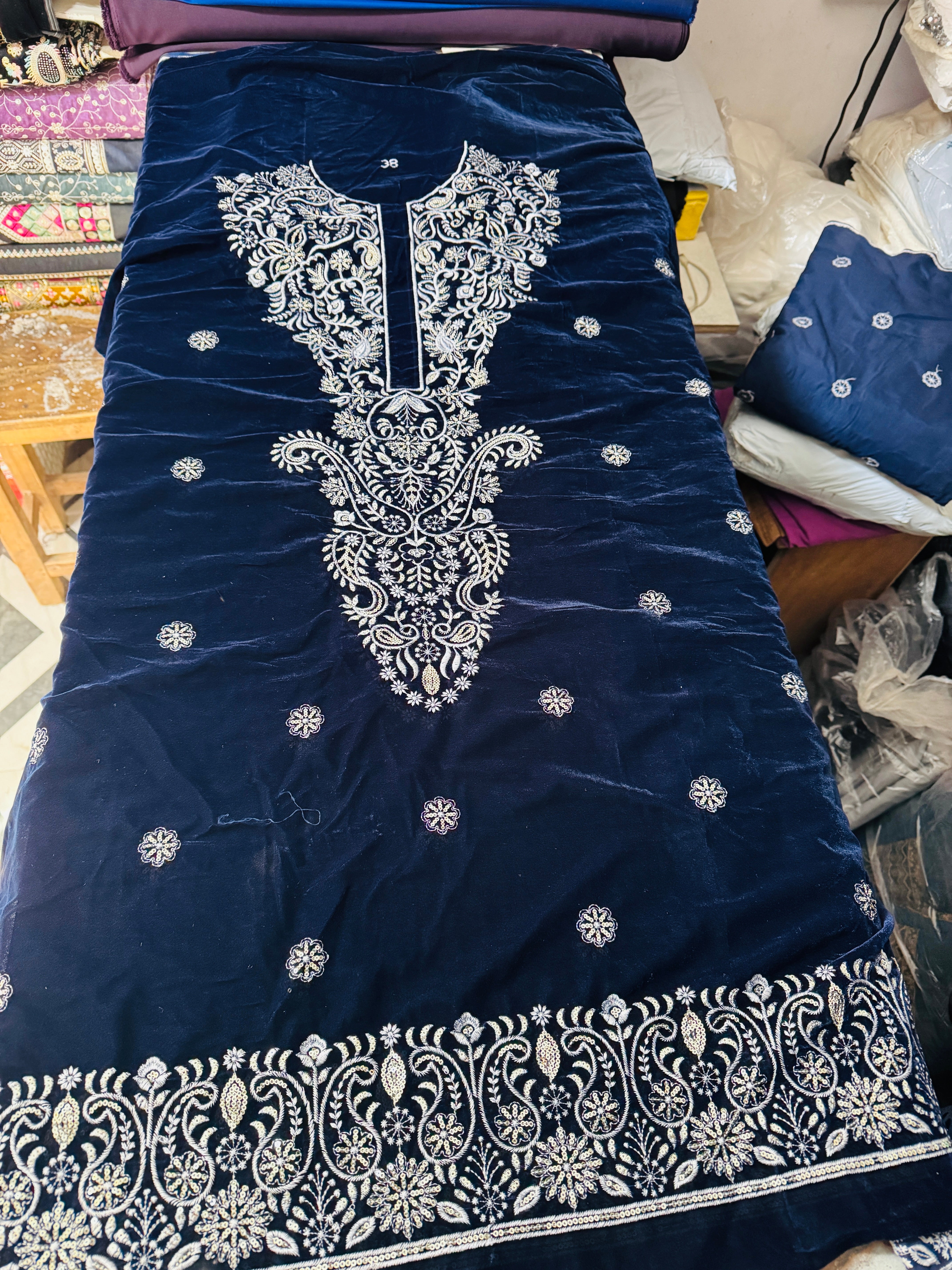 Navy Blue Kurta with Intricate White Thread Embroidery - Kph Outfits