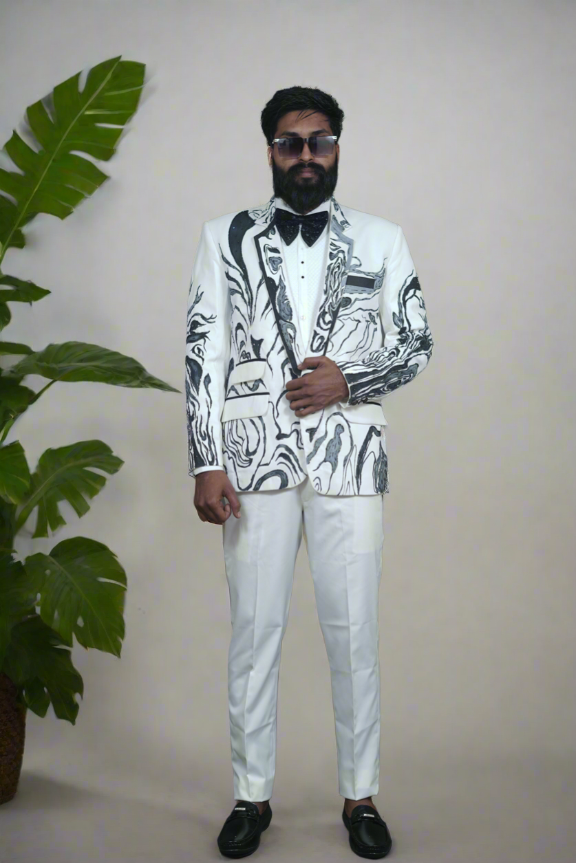 Men’s elegant white tuxedo with matching white shirt