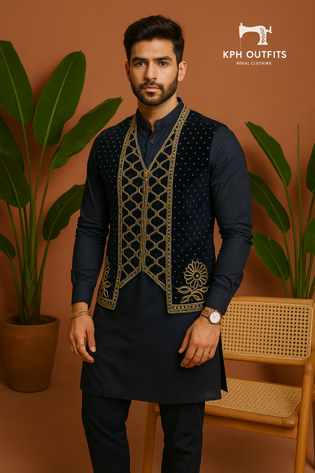 Men's Navy Blue Karan Aujla Handcrafted Zardozi Nehru Jacket Set with Center Zip – Premium Cotton Silk Fabric – KPH Outfits