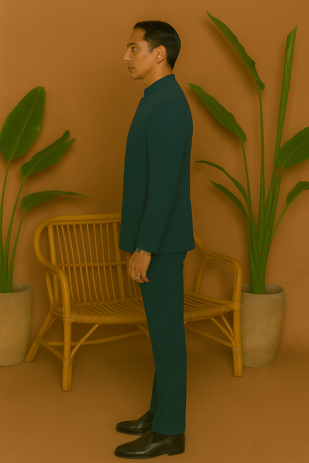 A side view of the man in the Bandhgala suit, showing the fit and silhouette.