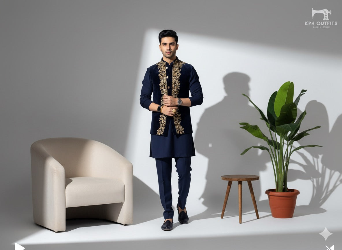 Luxurious men's 3-piece ethnic wear for sangeet and wedding parties.